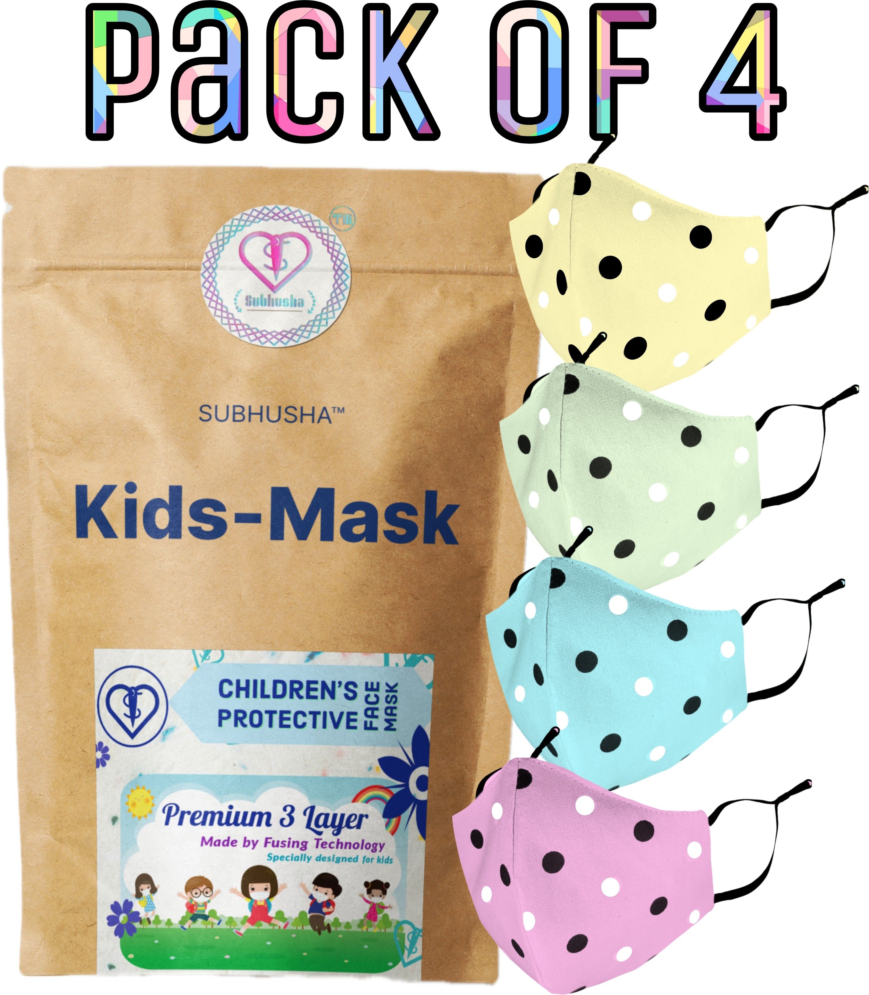 SUPER SAFETY 3 Layer cartoon print kids mask combo pack Reusable Washable Breathable Skin Friendly Soft Cotton Fabric Face Mask with Adjustable Ear loops for Boys Girls Children Babies (Anti Pollution Mask , Anti Viral Mask , Anti Bacterial Mask ) (School Mask , Outdoor Mask , Kids Party Mask) (Child Mask , Kids Mask 3 years, Kids Mask 4 years , kids Mask 5 years , kids mask 6 years , kids mask 7 years , kids mask 8 years , kids mask 9 years , kids mask 10 years up to 14 yrs ) DOT Print-4-PCS-Pink-Pista-Yellow-S Blue Reusable, Washable Cloth Mask-image-3