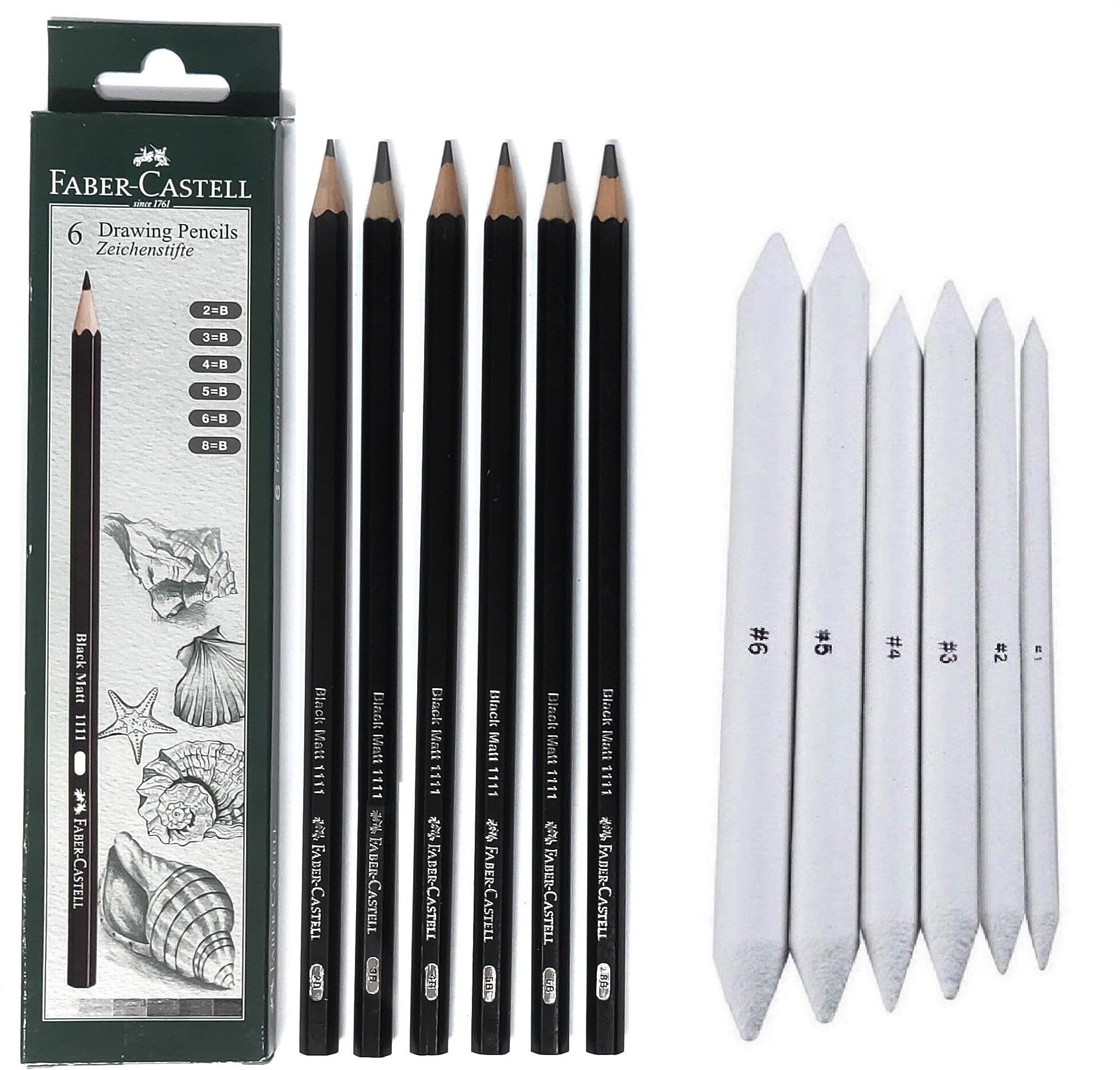 Art FABER CASTELL Drawing Graded Pencils - 2B, 3B, 4B, 5B, 6B and 8B (Pack of 6) + Blending/Smudging Stumps Set of 6 (Size 1 to 6); Pre-Sharpened Pencil