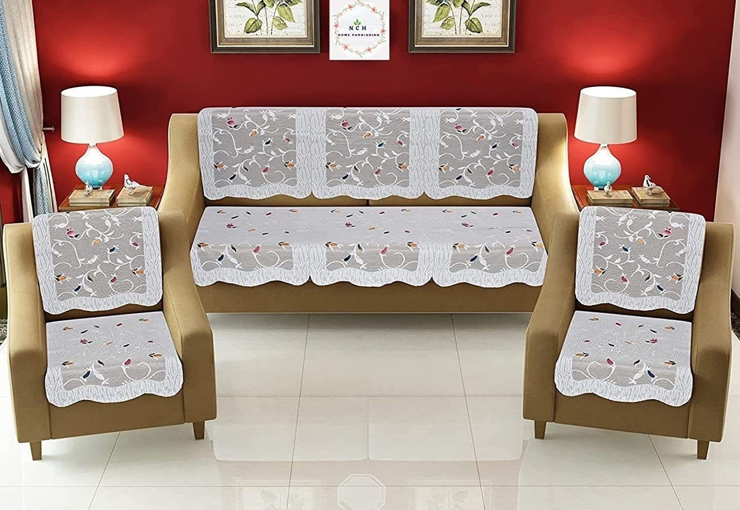 chander Attractive Leaf Print whit Net Sofa Cover 10 pc Sofa Fabric-picture-44