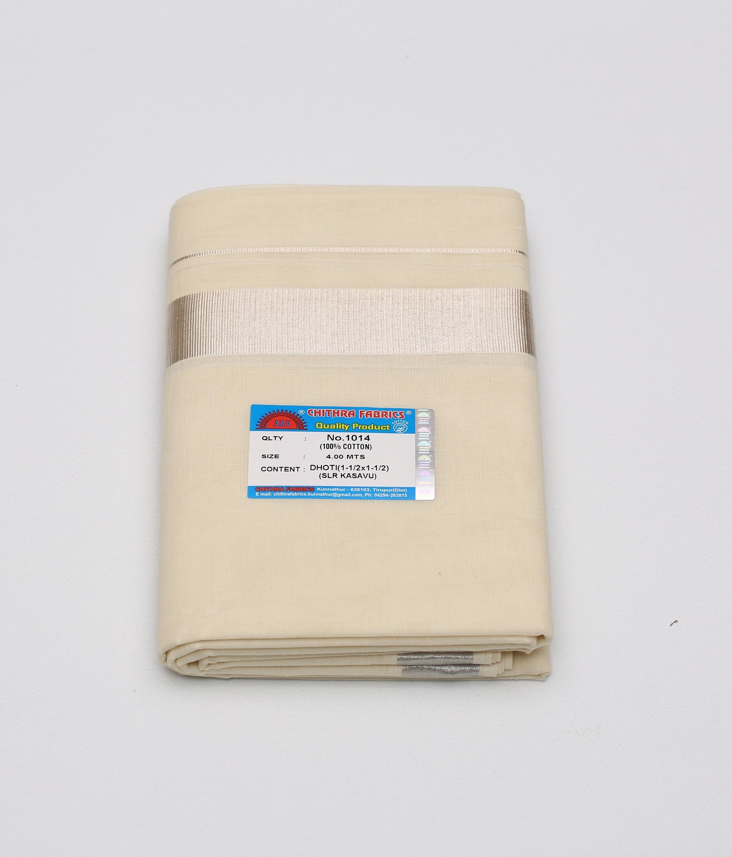 Chithra Fabrics Half White Kerala Special Kasavu Dhoti with 1.5 Inch Silver Border Self Design Women Dhoti