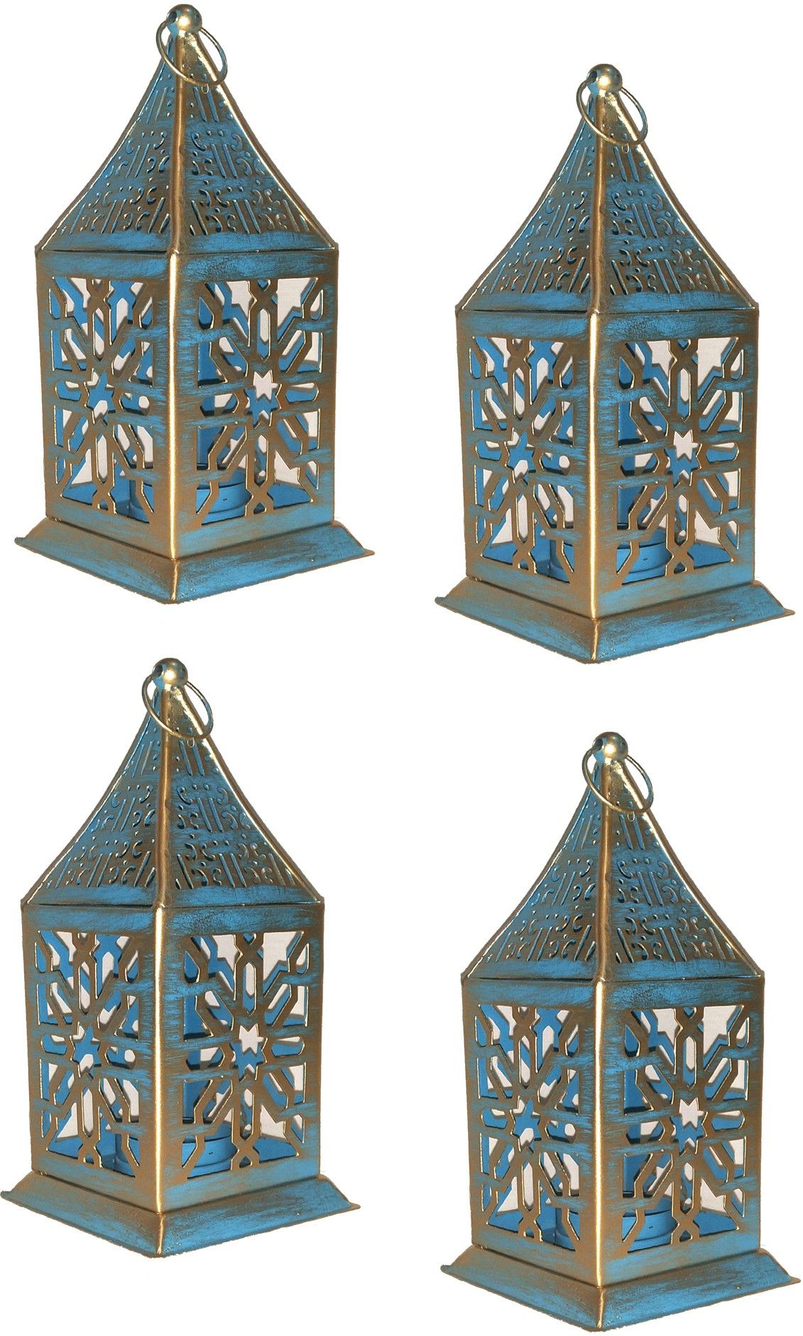 designer international Temple Decorative Hanging Lantern with t-Light Candle, set of 4 (Size 9x9x20CM) Blue Iron Hanging Lantern-picture-22
