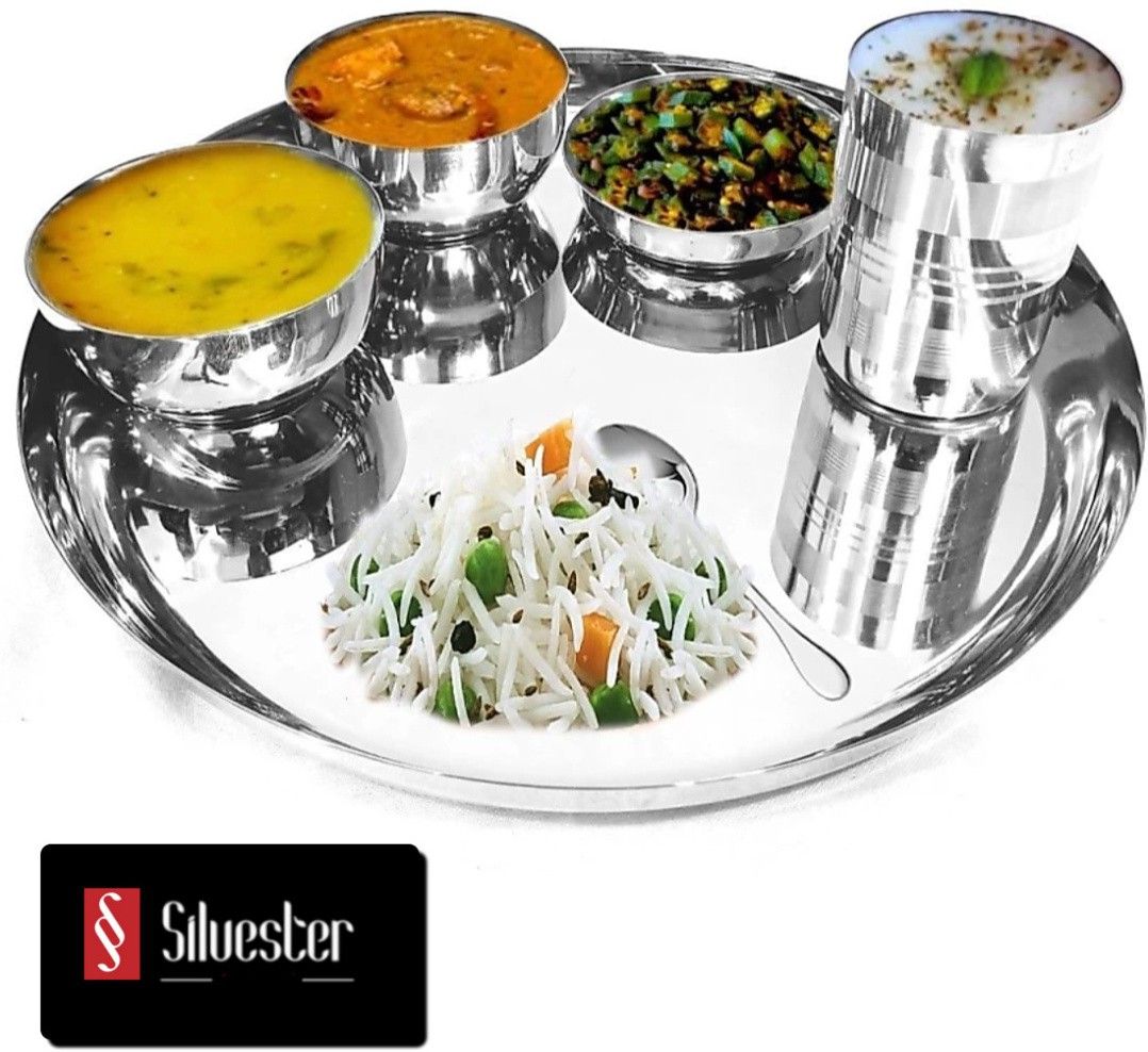 Pack of 6 Stainless Steel Dinner & Lunch Thali Set-6 Pcs (Plate, Halwa Plate, 2 Katori (Bowl),Glass,Spoon) Dinner Set-image-11