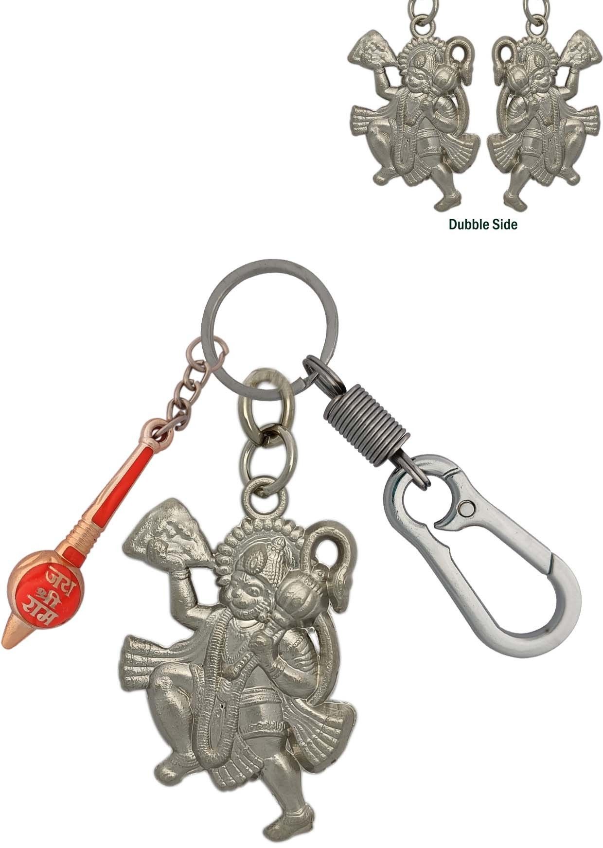 Double Side Silver Metal Bajrangbali With orange Gada Stylish Locking Lock Locking Carabiner-image-2