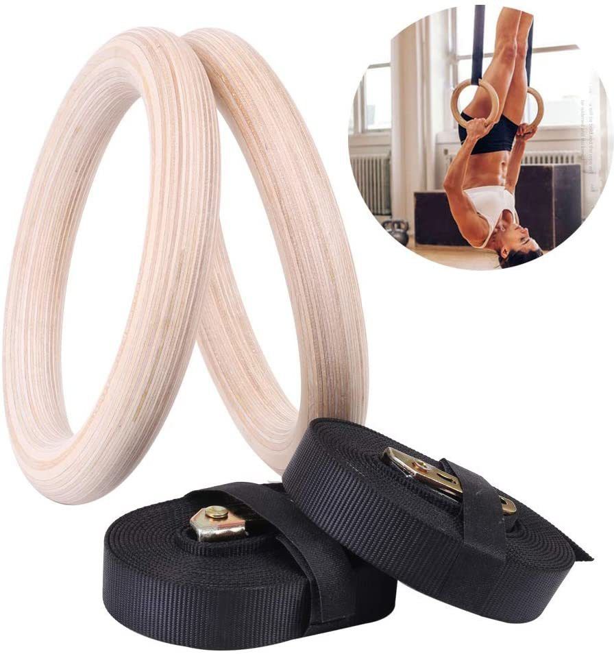 Gymnastic Wooden Rings with Heavy Duty Adjustable Strap,Roman Rings Gym Pilates Ring