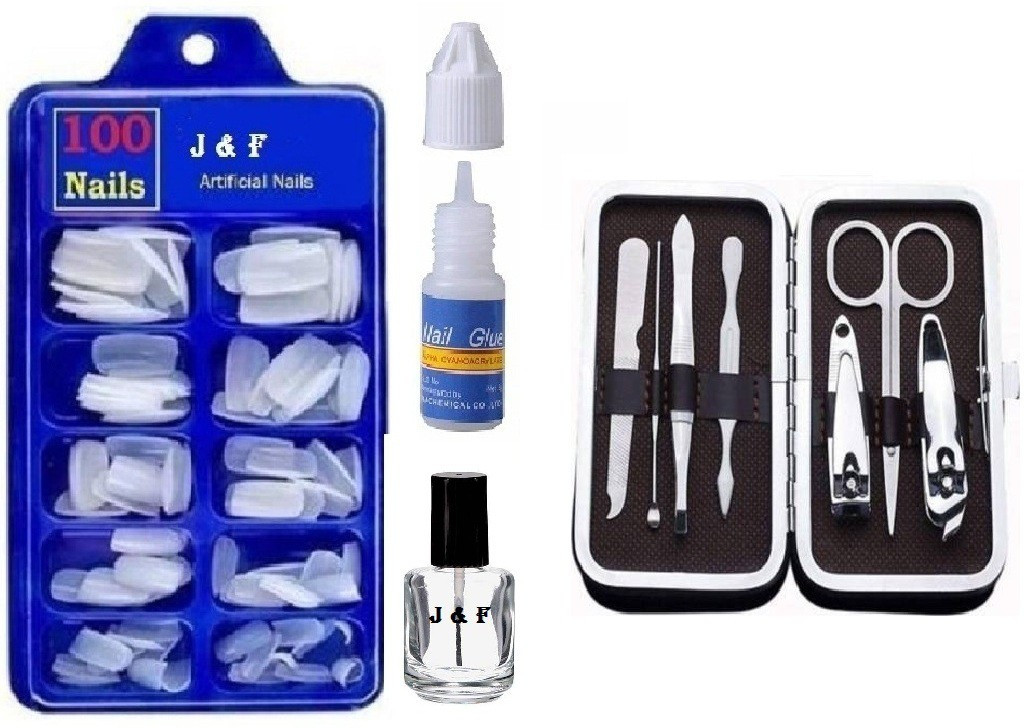 j & f Artificial Nails With Glue , 7 In 1 Tool Kit ,Top Coat Nail Paint image 1
