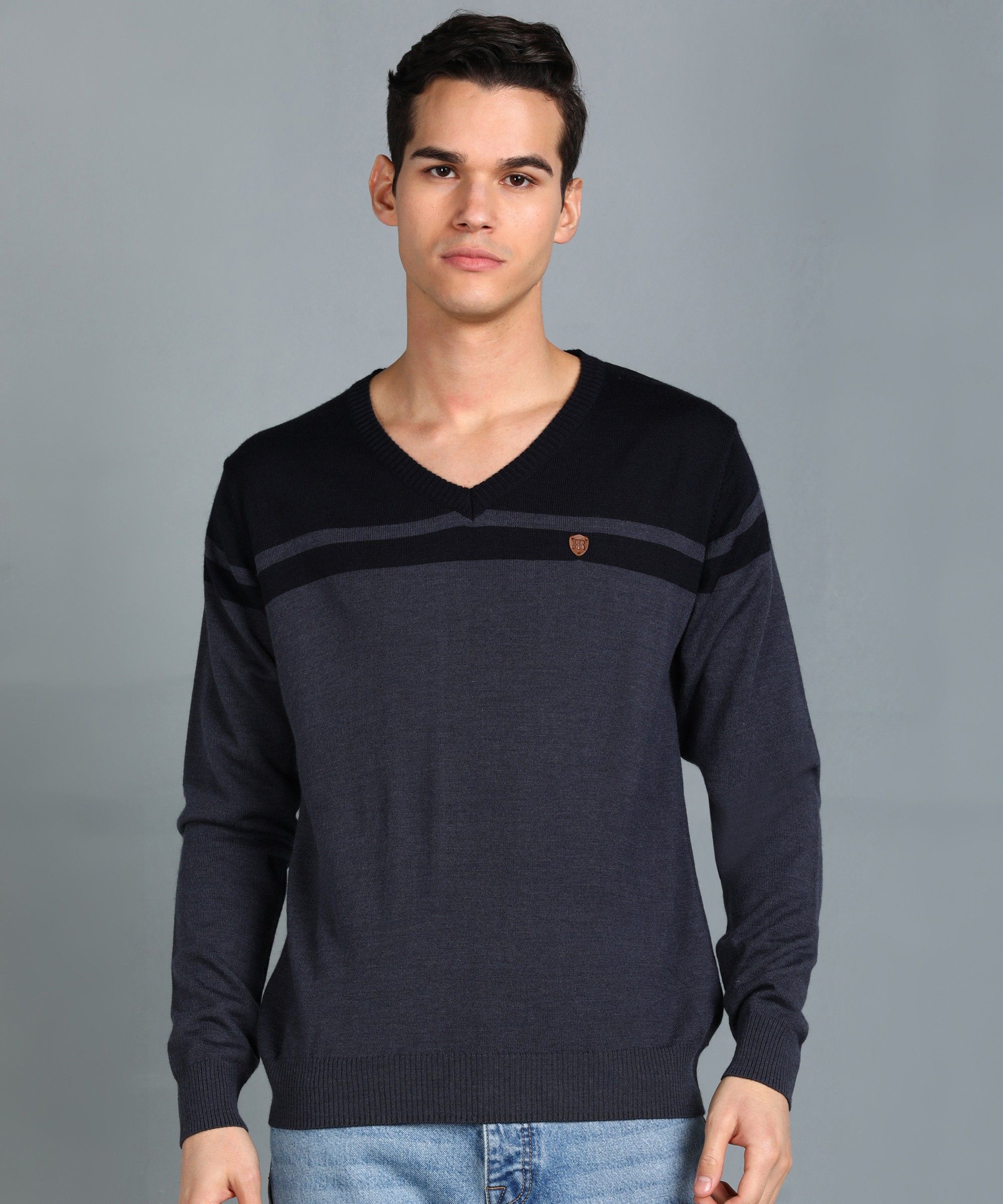raymond Men Solid V Neck Blue Sweater-picture-26