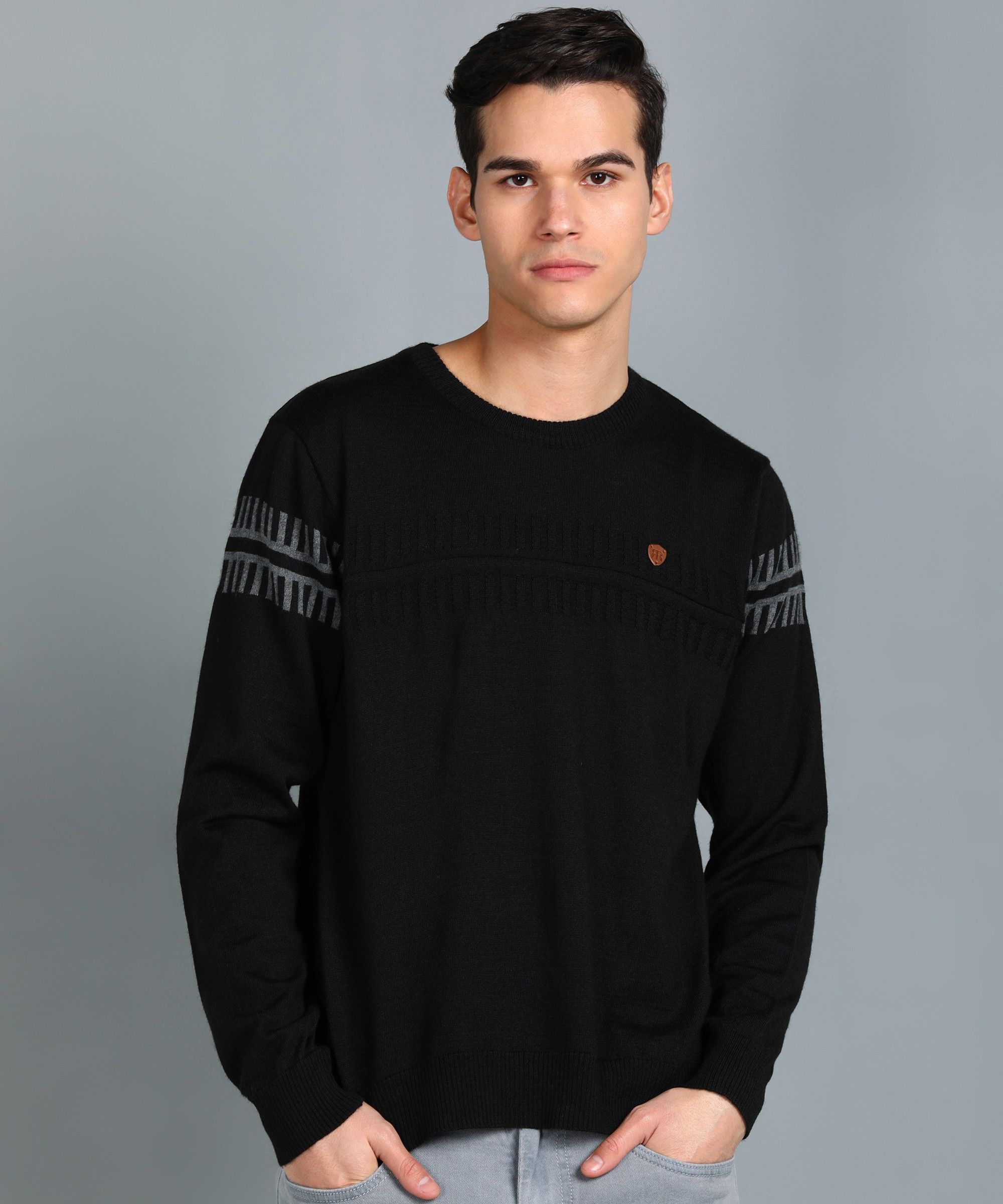 Men Self Design Crew Neck Black Sweater-image-30