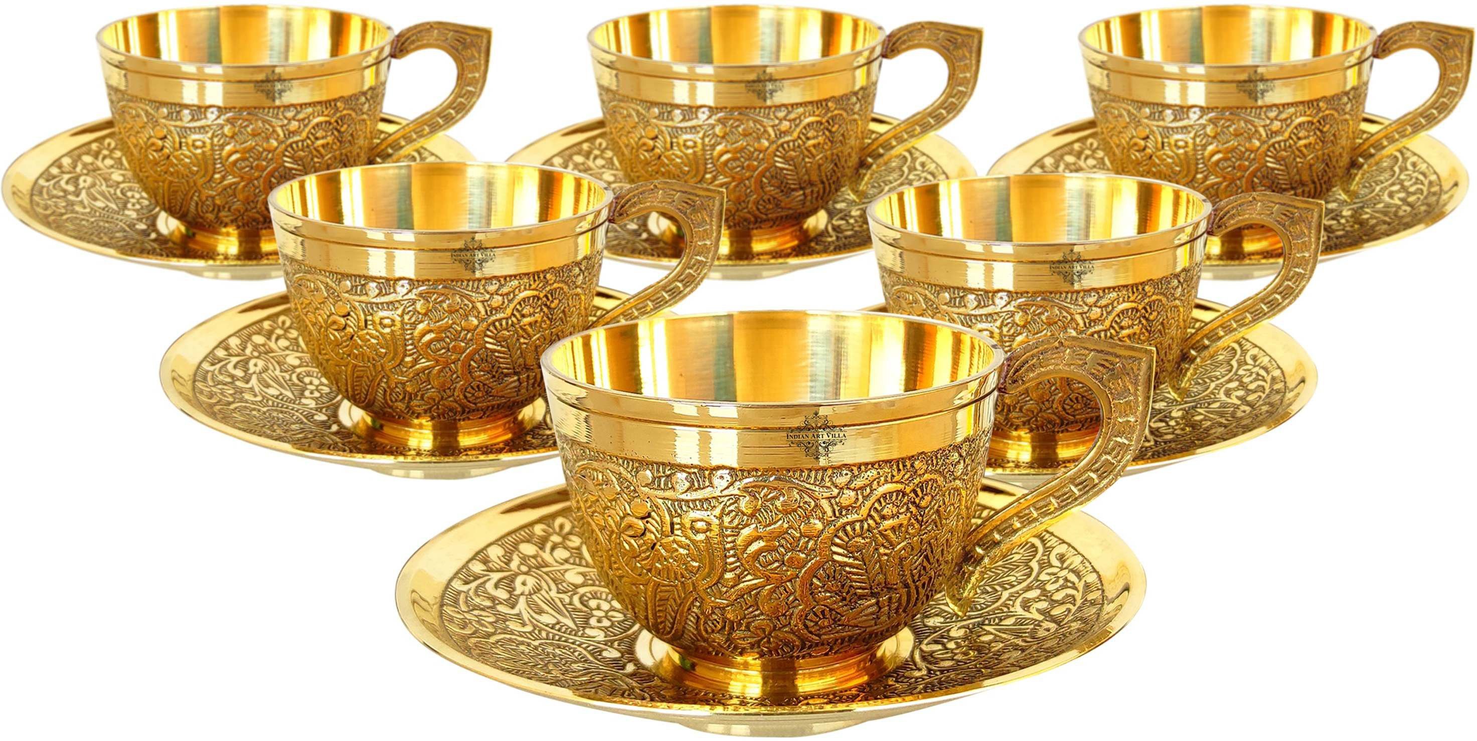 indianartvilla Pack of 6 Brass Embossed Cup-Plate Set in Royal Look for Home and Restaurant-picture-12