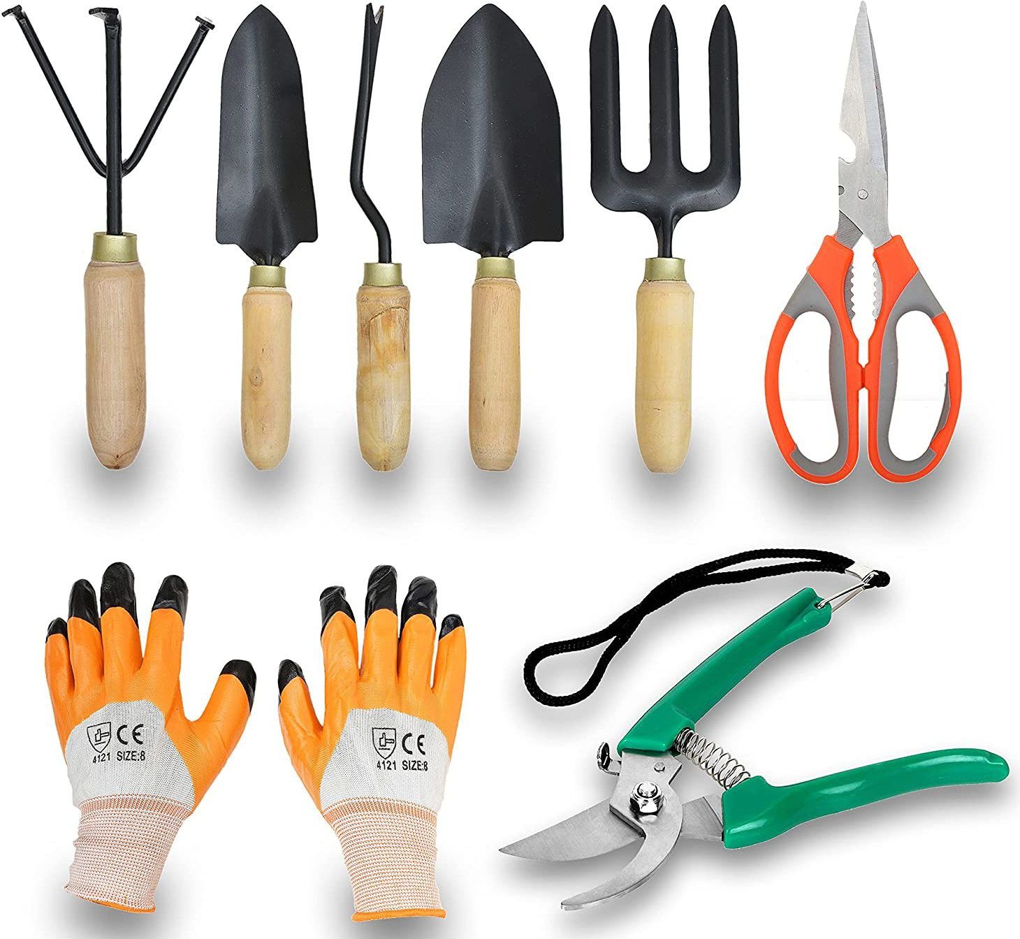 Gardening Set of 5 With Scissor, Prune Gloves (Wooden) Garden Tool Kit