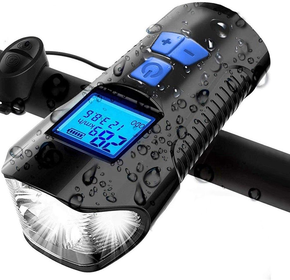 3 in 1 Bicycle USB Rechargeable Speedometer with light and horn waterproof LED Front Light-image-3