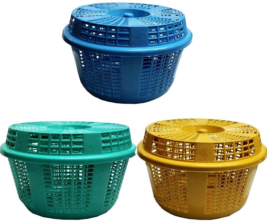 Storage basket Round Plastic Basket With Lid Pack of 3 Plastic Fruit & Vegetable Basket-image-32