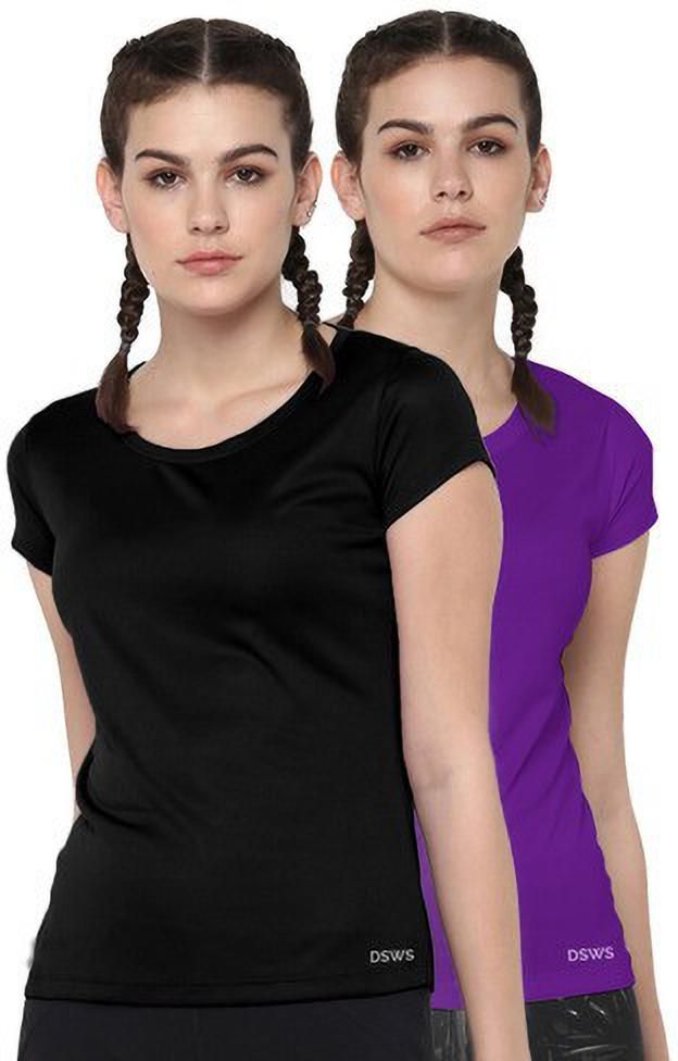Pack of 2 Women Sporty, Solid Round Neck Polyester Purple, Black T-Shirt-image-25