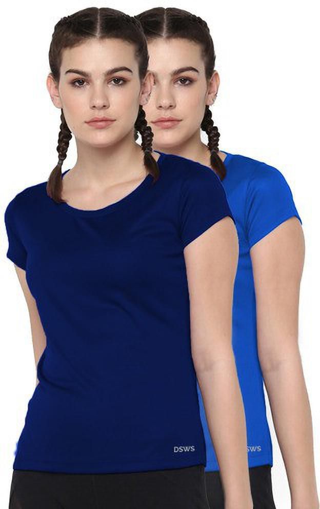 Pack of 2 Women Sporty, Solid Round Neck Polyester Dark Blue, Blue T-Shirt-image-20