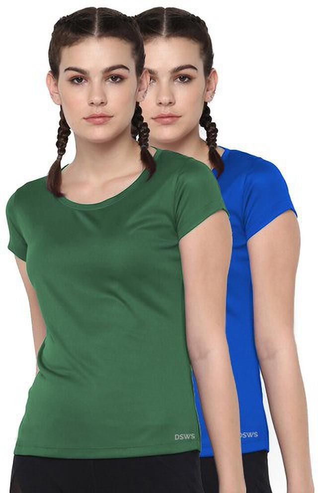 dsws Pack of 2 Women Sporty, Solid Round Neck Polyester Dark Green, Blue T-Shirt-picture-20