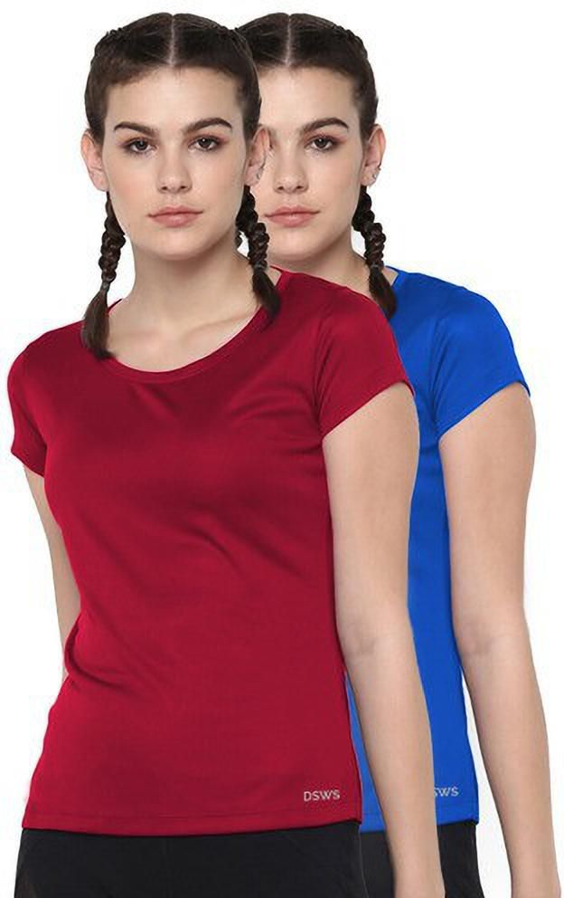 Pack of 2 Women Sporty, Solid Round Neck Polyester Maroon, Blue T-Shirt-image-35