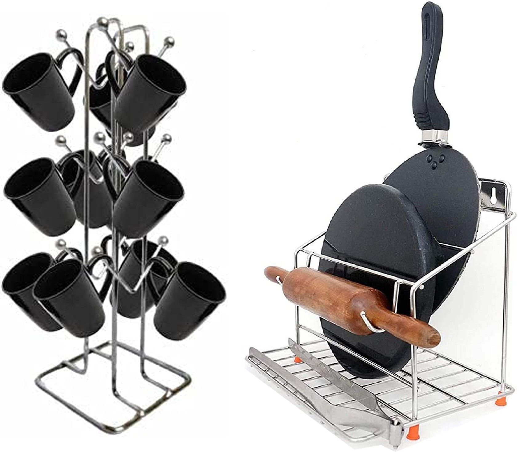 Chakla/Belan Kitchen Rack Chakla Belan and Tawa with Cup Stand for Kitchen 100% Rust Free Stainless Steel Steel