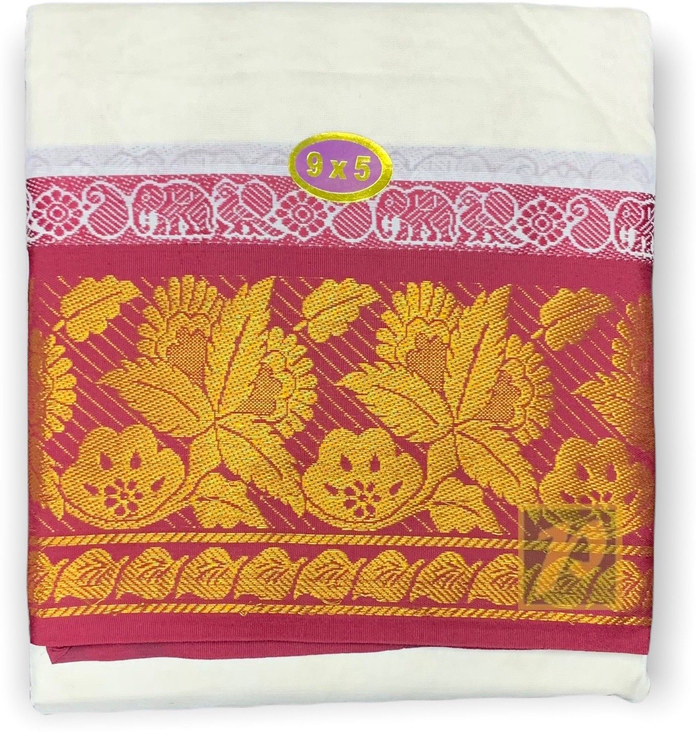 Prakasam Cotton Mens Unbleached Panchakacham (9x5) Dhoti & towel Set-100% cotton Flower Design Solid Men Dhoti-image-45