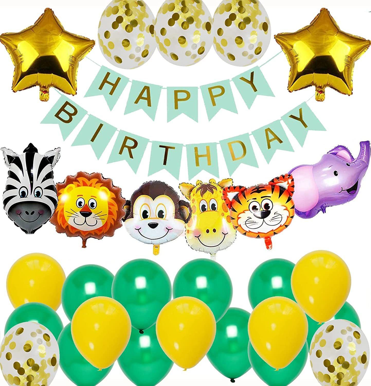 Jungle Safari Green Theme Birthday Decoration Kit with Animals Face Foil Balloon-image-0