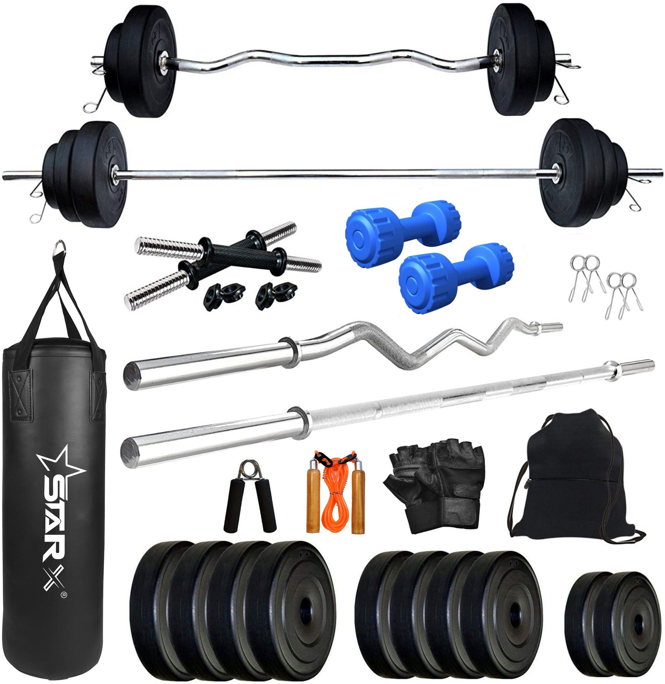 40 kg PVC with 3FT Curl and 5FT Straight Rod Unfilled Punching Bag & PVC Dumbbells Home Gym Combo