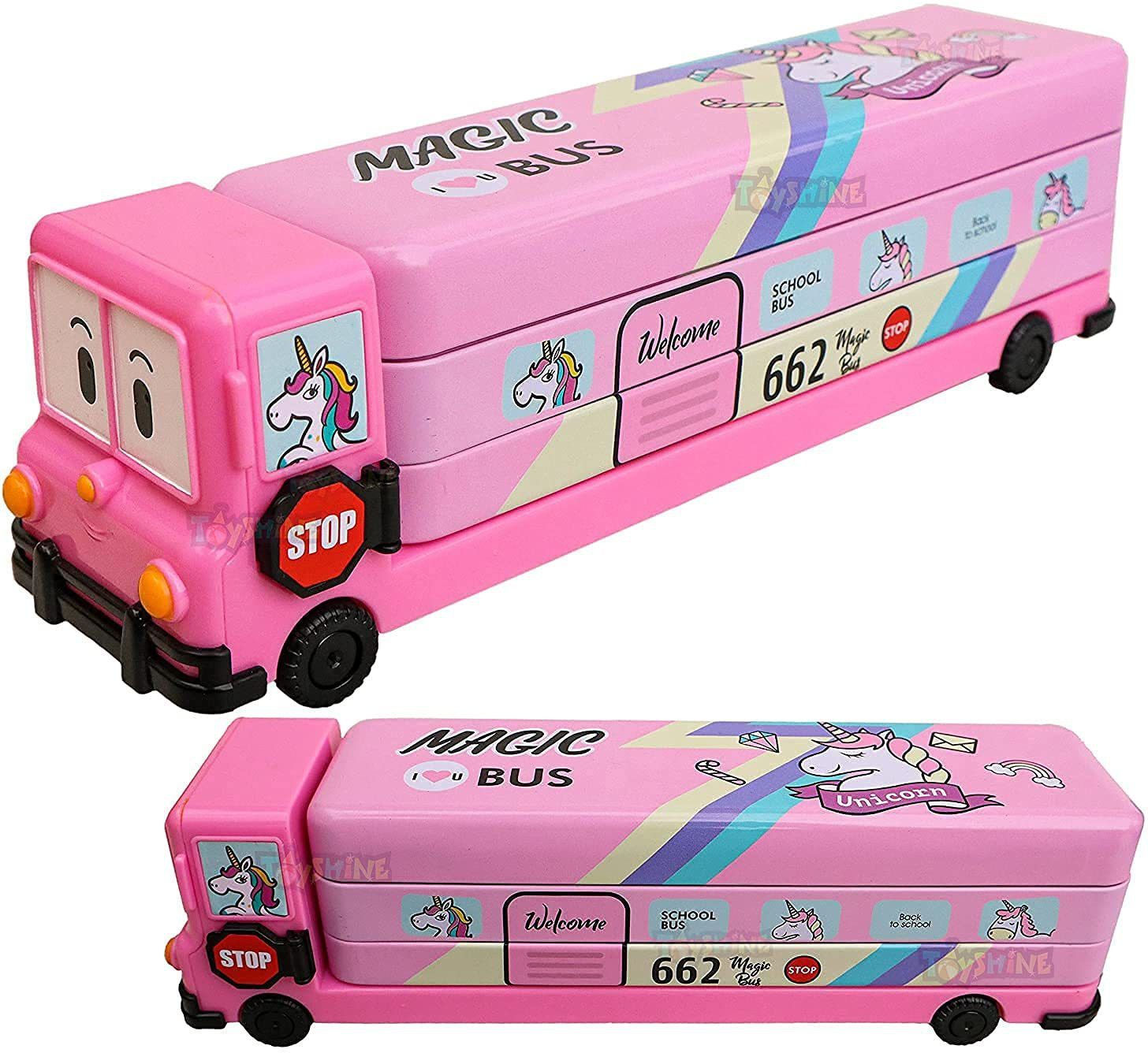 Cartoon Printed School Bus Matal Pencil Box with Moving Tyres for Kids - Pink-image-43