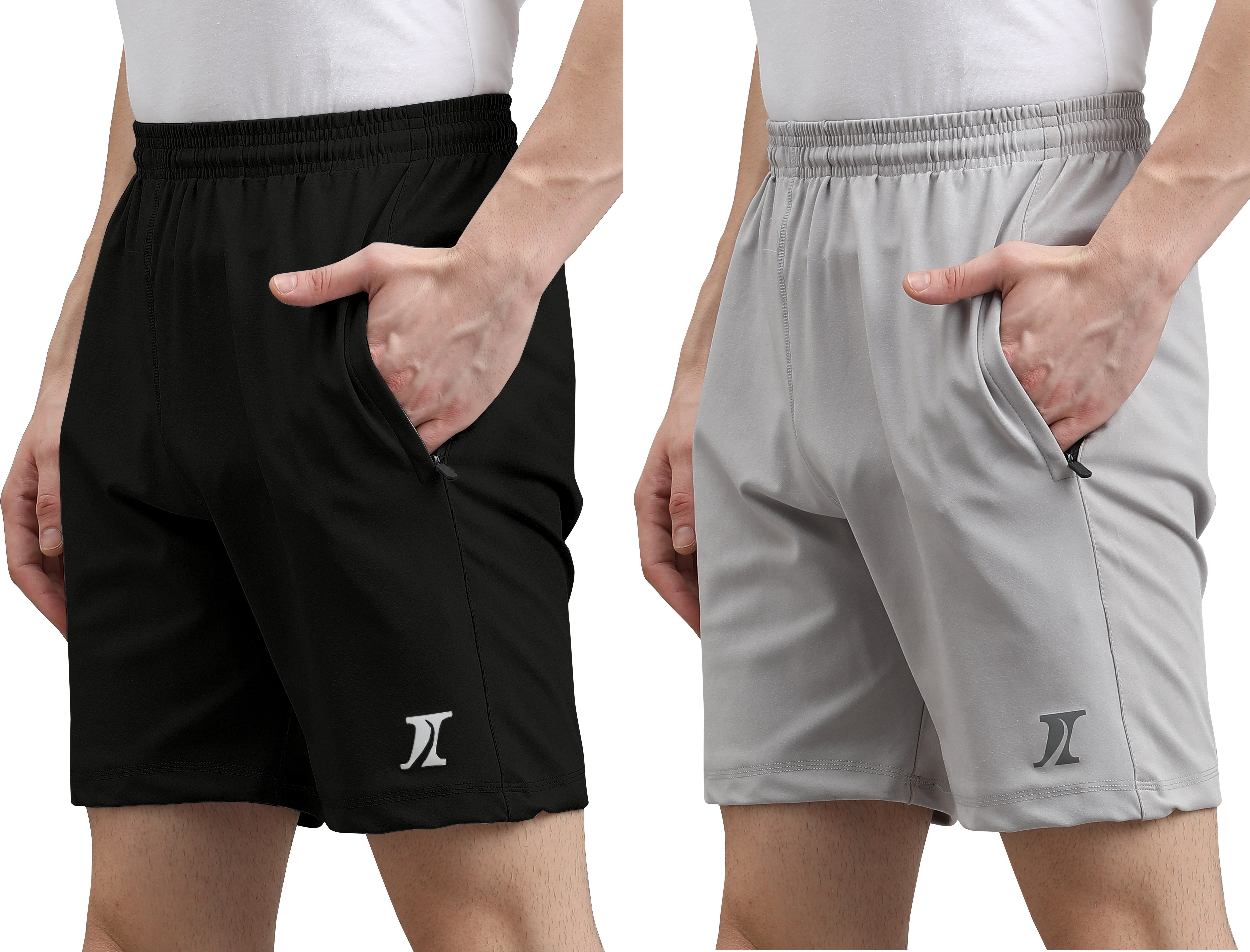 Pack of 2 Solid Men Black, Grey Regular Shorts, Sports Shorts, Beach Shorts