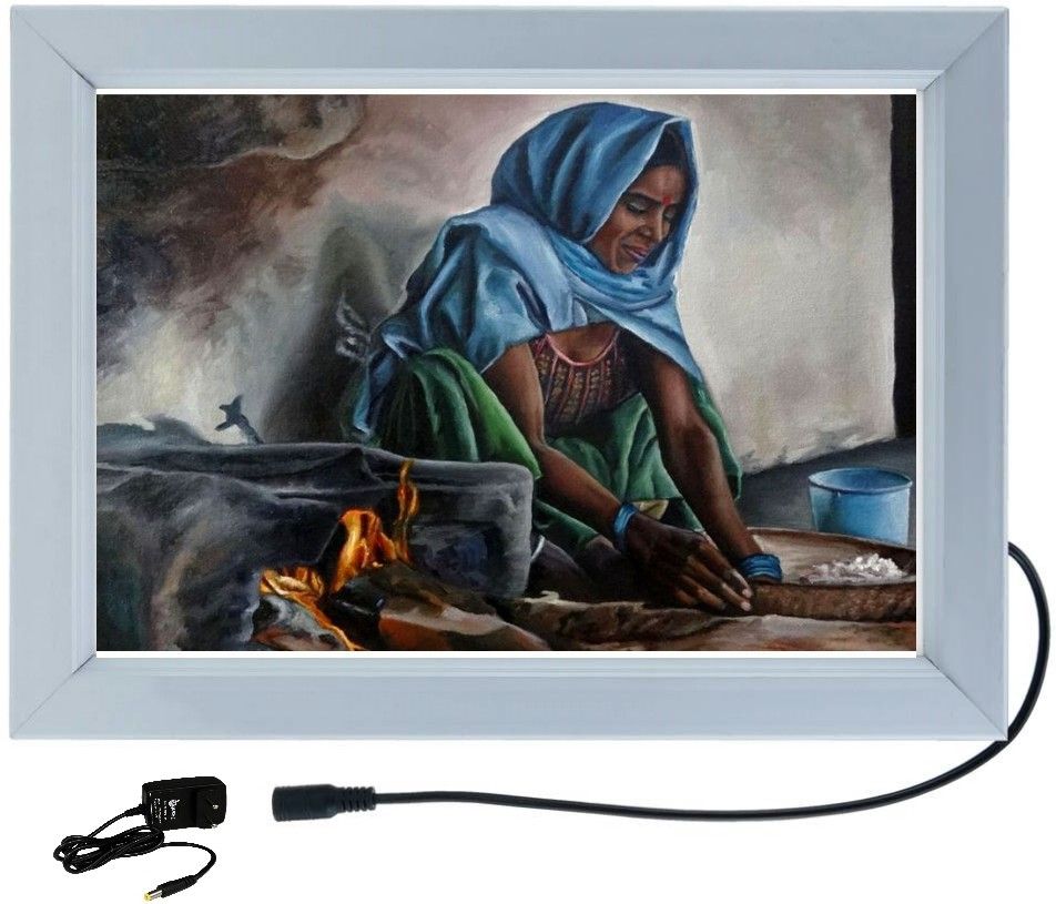 LED FRAME OLD LADY WITH CLAY STOVE 24 17 inch WALL HANGING