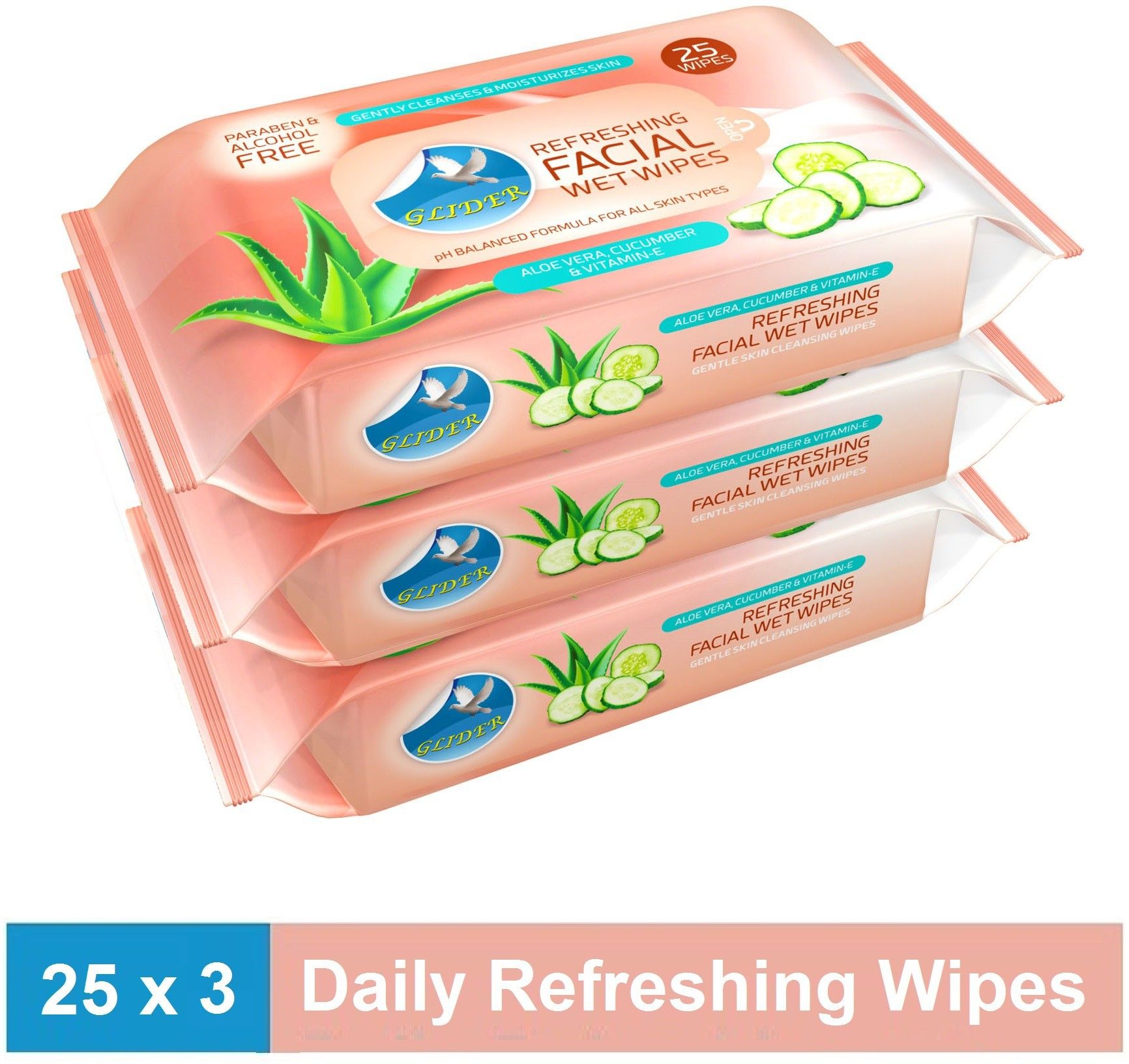 Facial Wipes Enriched with Aloe Vera ,Cucumber & Vitamin E |Pack of 3 | 75 Wipes