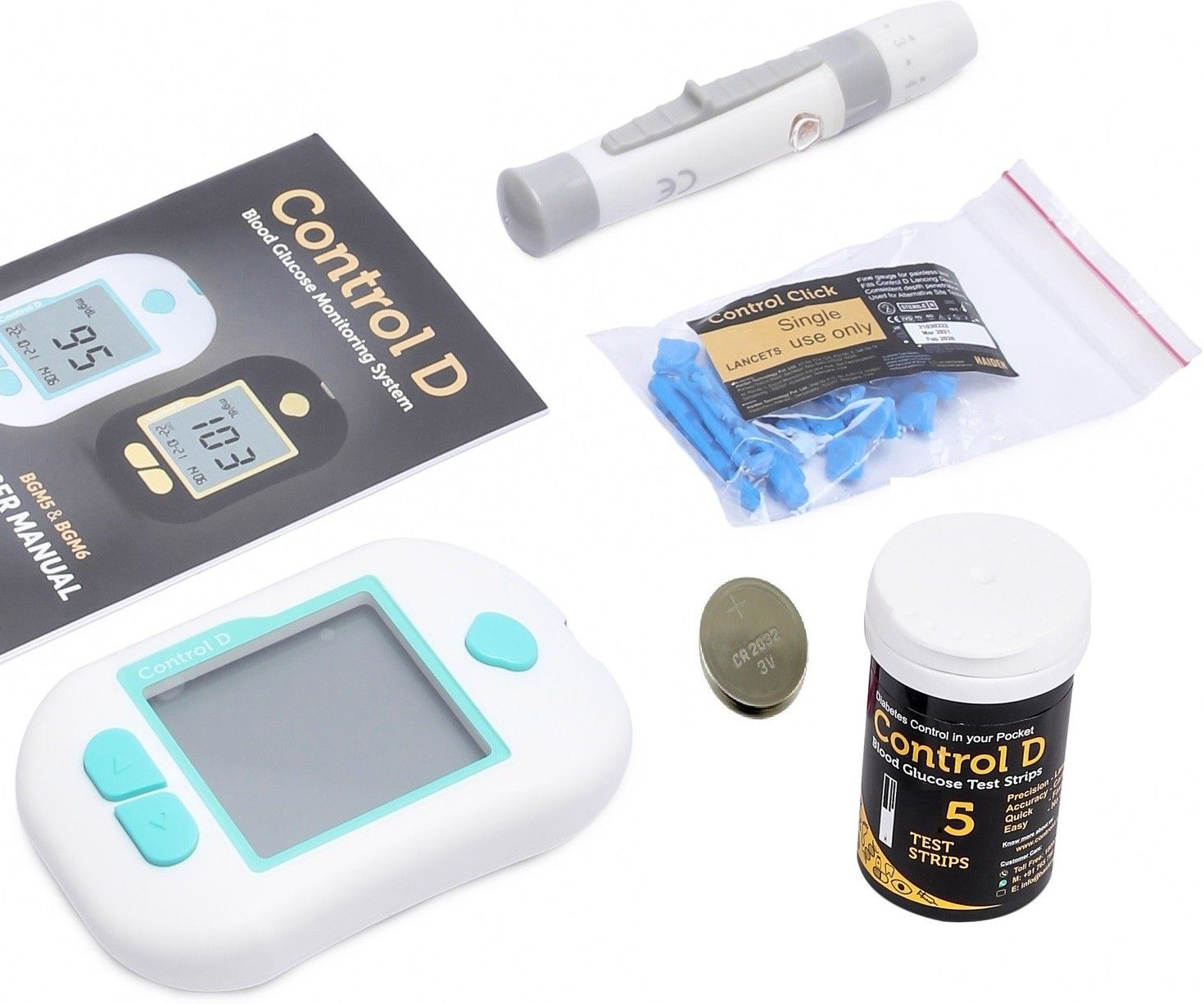 control d Glucose Blood Sugar Testing Diabetes Monitor with 5 Strips White Glucometer-picture-11