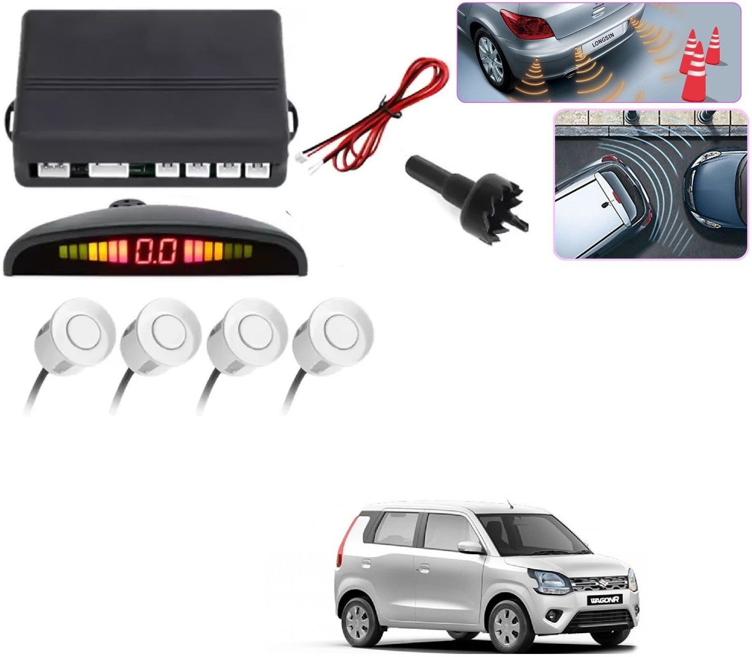 parking-sensors-white-163 Reverse Parking Sensor with LED Display 4 Sensor White For MARUTI WAGONR 2019 Parking Sensor-image-0