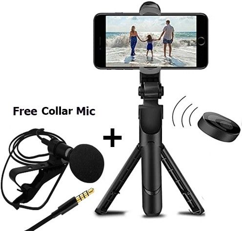 PULTO Buetooth Stand Selfie Stick Tripod with BT Remote + Lapel Collar Microphone Single Gimbal for Mobile