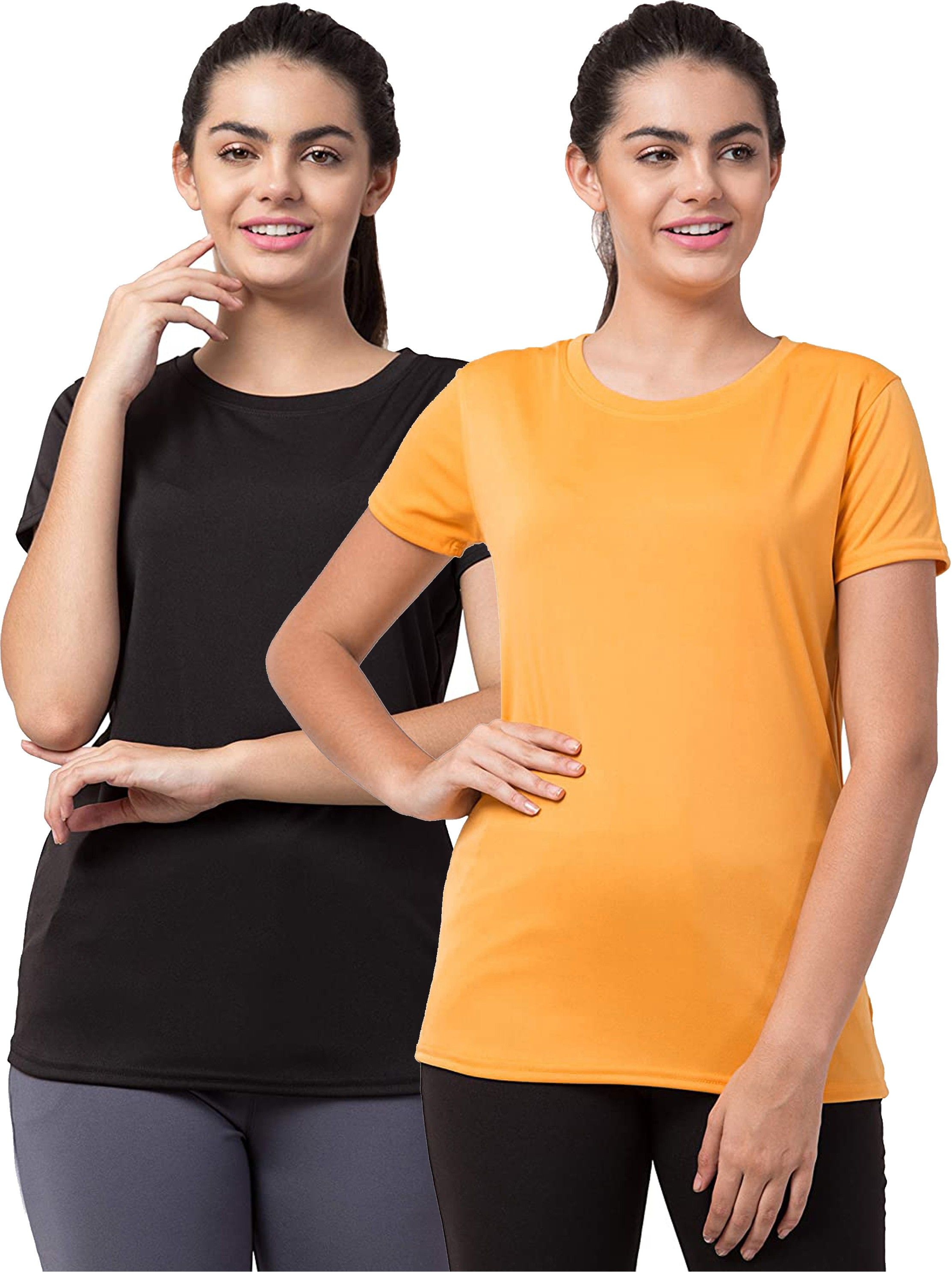 udi n adi Pack of 2 WOMEN SPORTS TSHIRT GYM WEAR Women Solid Round Neck Polyester Black, Yellow T-Shirt-picture-31