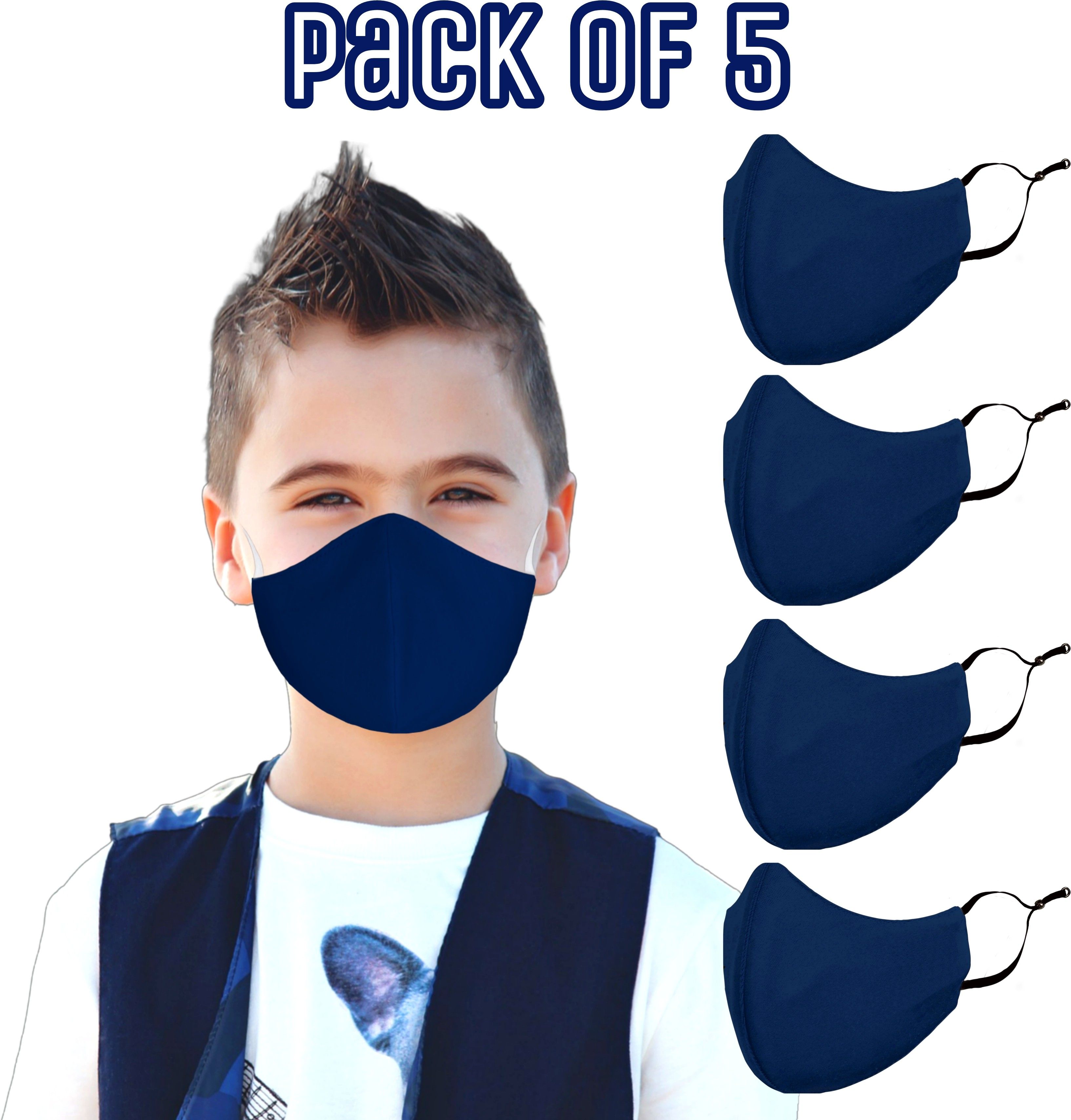 SUPER SAFETY 3 Layer Plain kids mask with Adjustable Ear loops Pack Of 5 3PLY-Kids -Plain-5-PCS-N.Blue color mask Reusable, Washable Cloth Mask-image-15