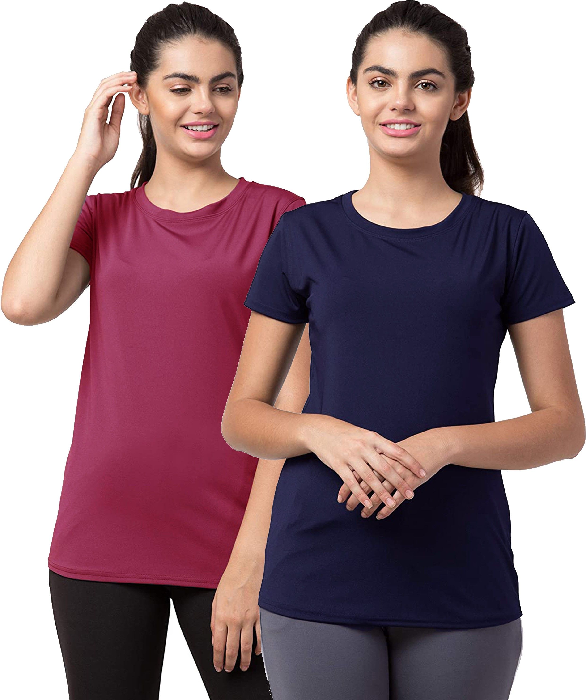 Pack of 2 Women Solid Round Neck Polyester Maroon, Dark Blue T-Shirt-image-21