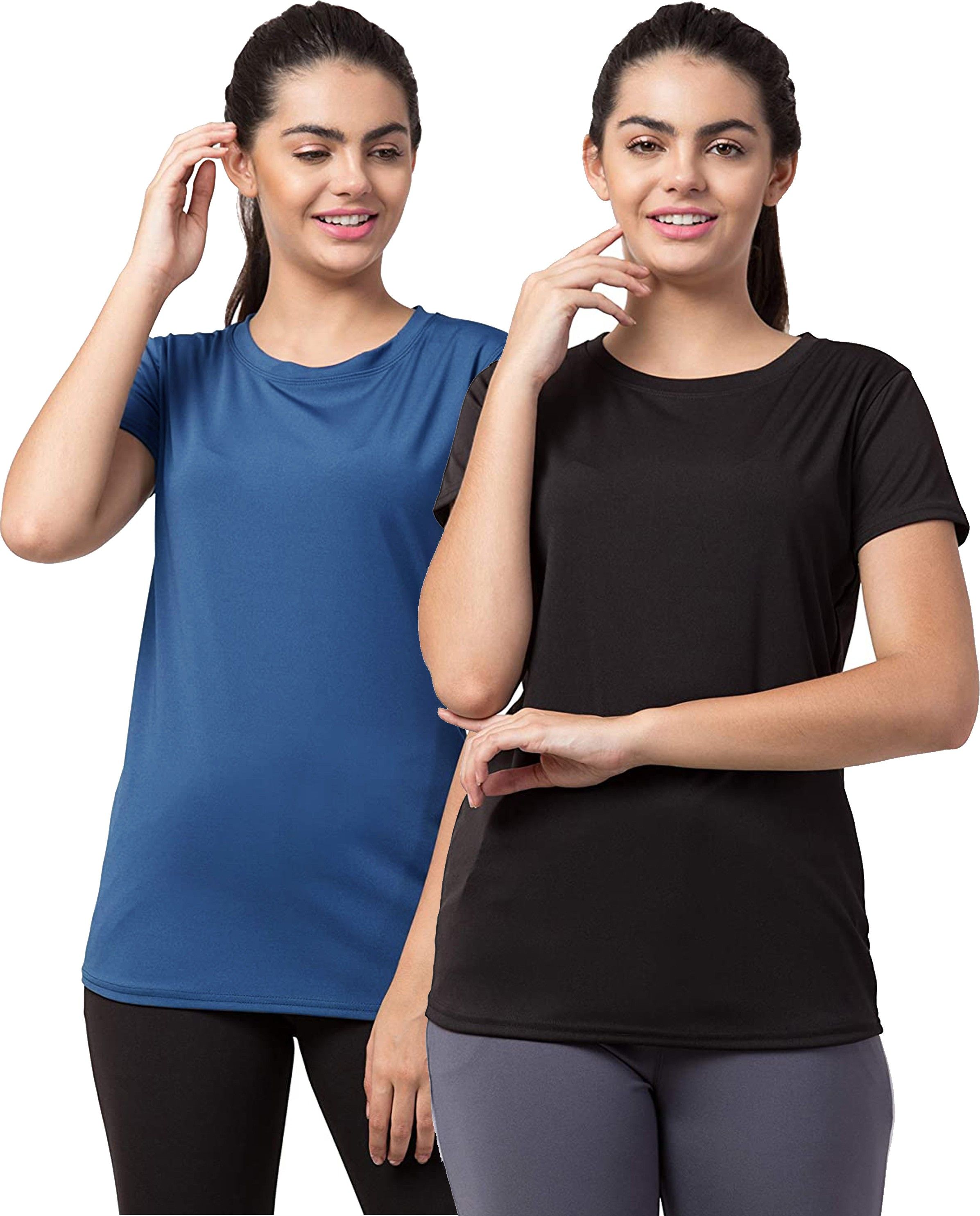 udi n adi Pack of 2 Women Solid Round Neck Polyester Blue, Black T-Shirt-picture-32
