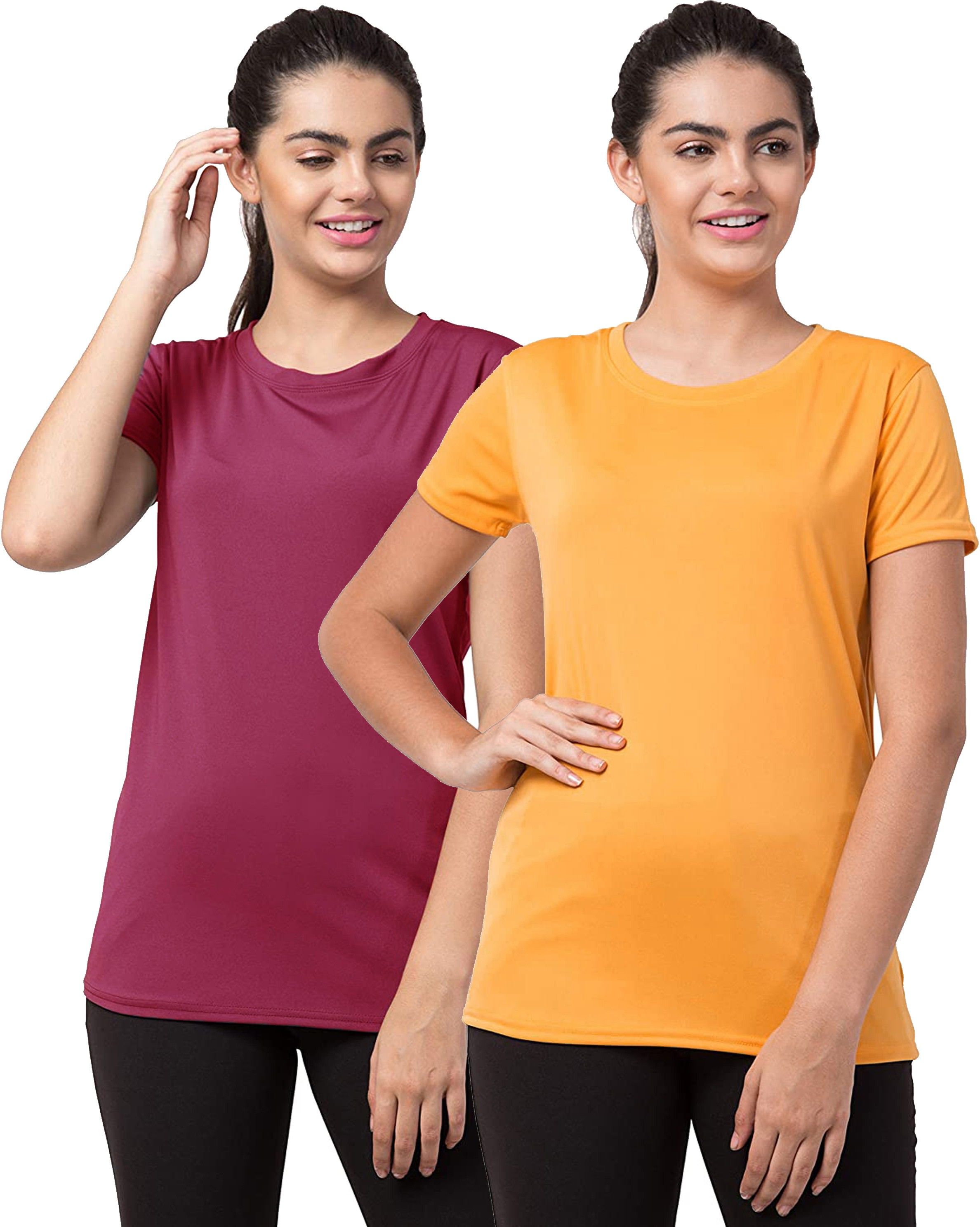 Pack of 2 Women Solid Round Neck Polyester Maroon, Yellow T-Shirt-image-45
