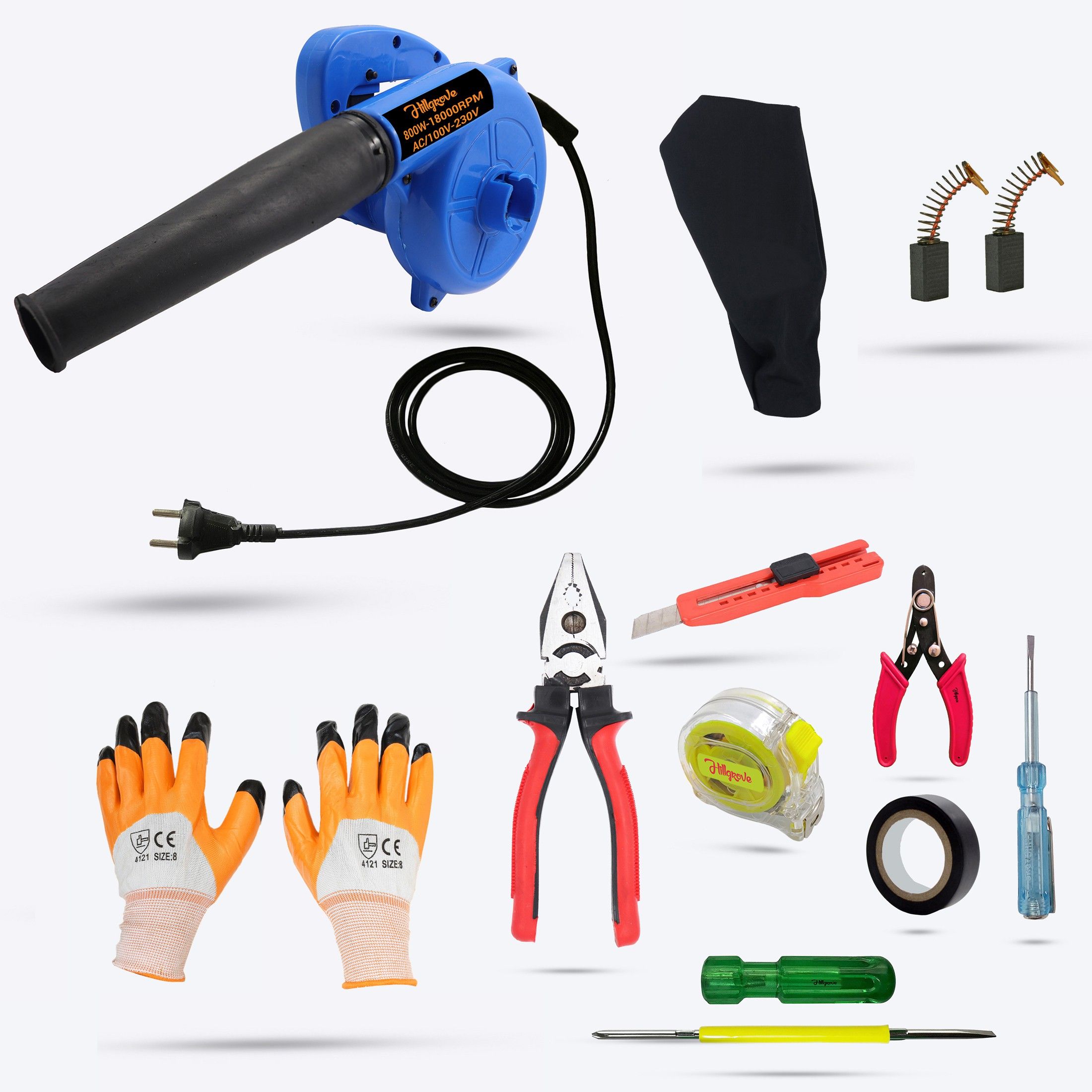 hillgrove HGCM22M2 800W Air Blower with 7Pcs Hand Tool Kit, Carbon Brushes and Gloves Forward Curved Air Blower-picture-22
