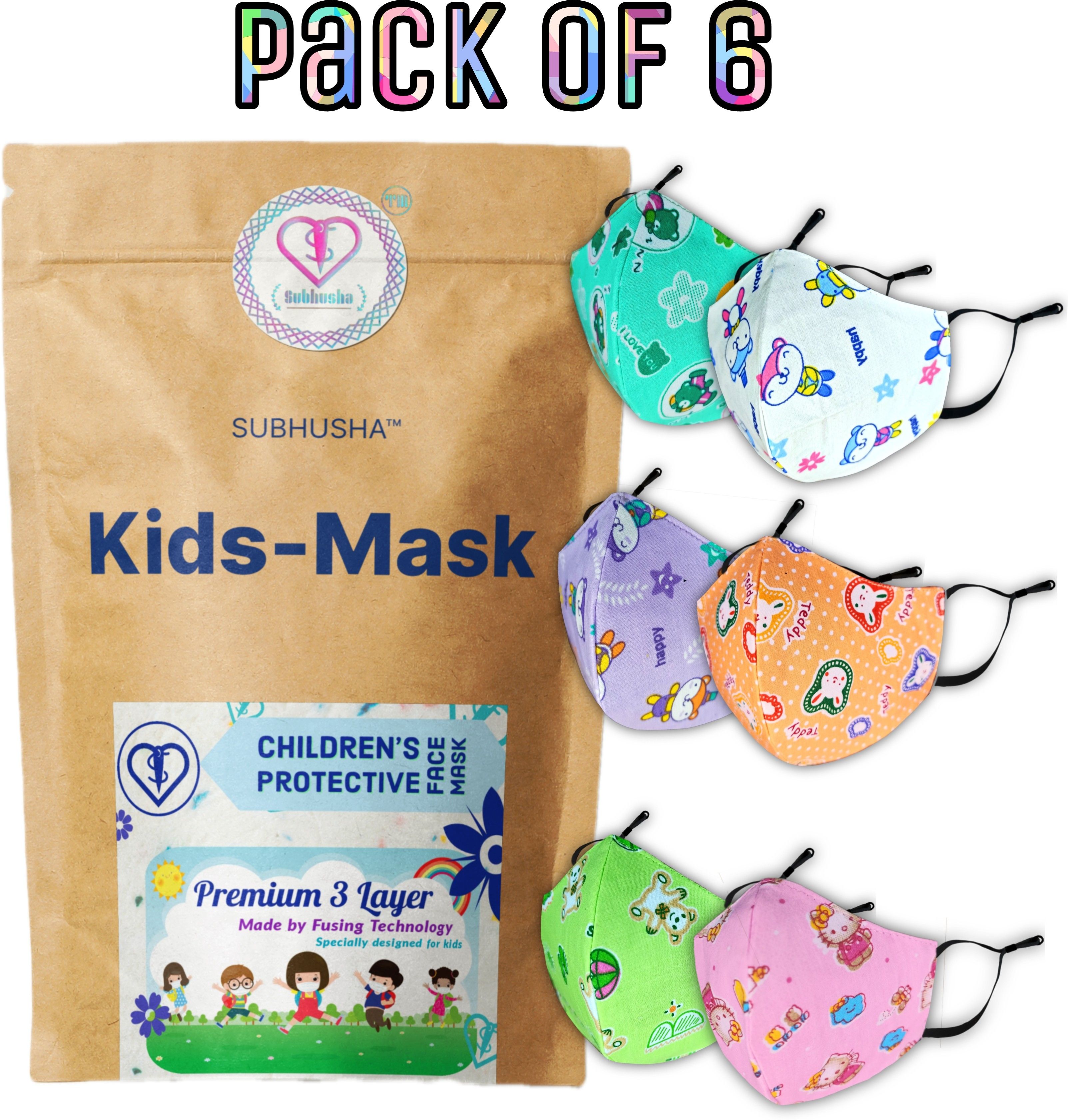 SUPER SAFETY 3 Layer cartoon print kids mask with Adjustable Ear loops Pack Of 6 SBS-3PLY-Kids Cartoon Print New-6-PCS-Combo-1 Reusable, Washable Cloth Mask