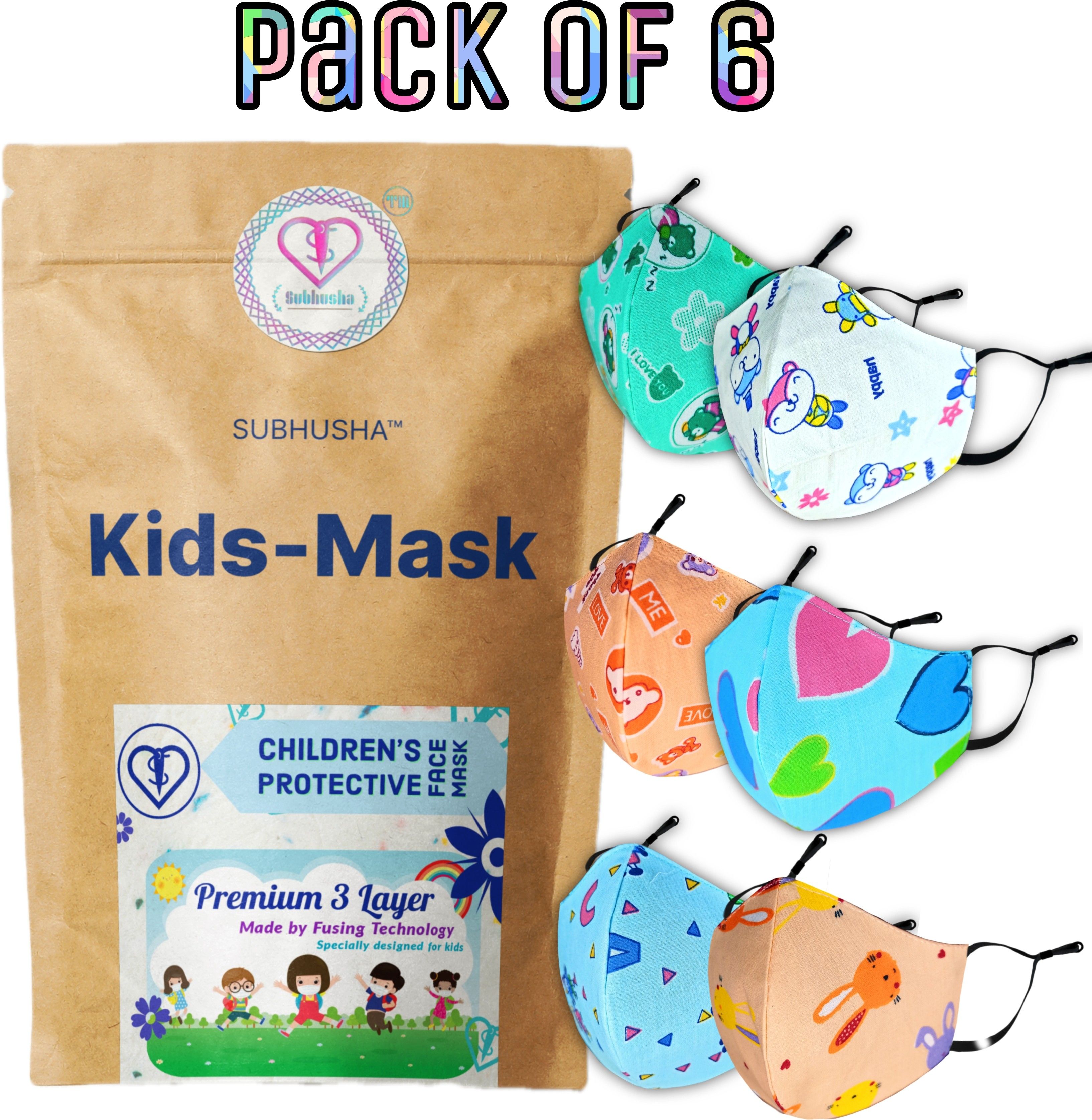 subhusha SUPER SAFETY 3 Layer cartoon print kids mask with Adjustable Ear loops Pack Of 6 3-Kids Cartoon Print New-6-PCS-Combo-2 Reusable, Washable Cloth Mask-picture-10