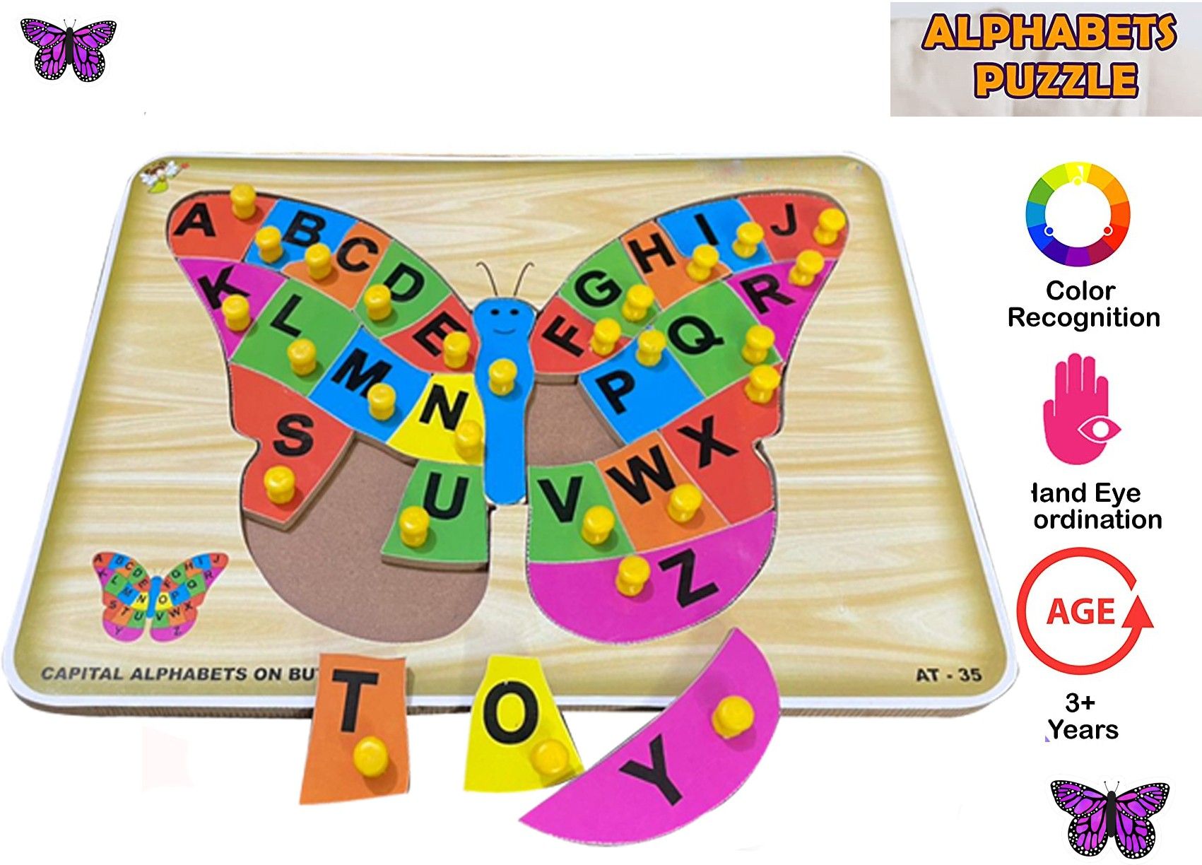 shalafi Wooden English AtoZ Alphabets/Butterfly Puzzle Tray with Knob Educational Board-picture-2