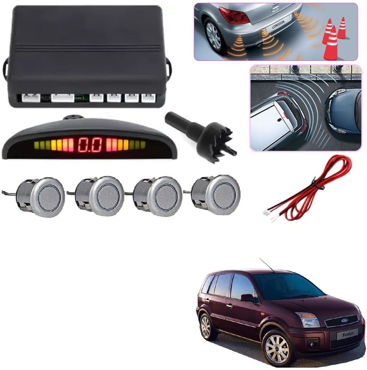 auto addict parking-sensors-silver-64 Reverse Parking Sensor with LED Display Silver For FORD FUSION Parking Sensor image 1