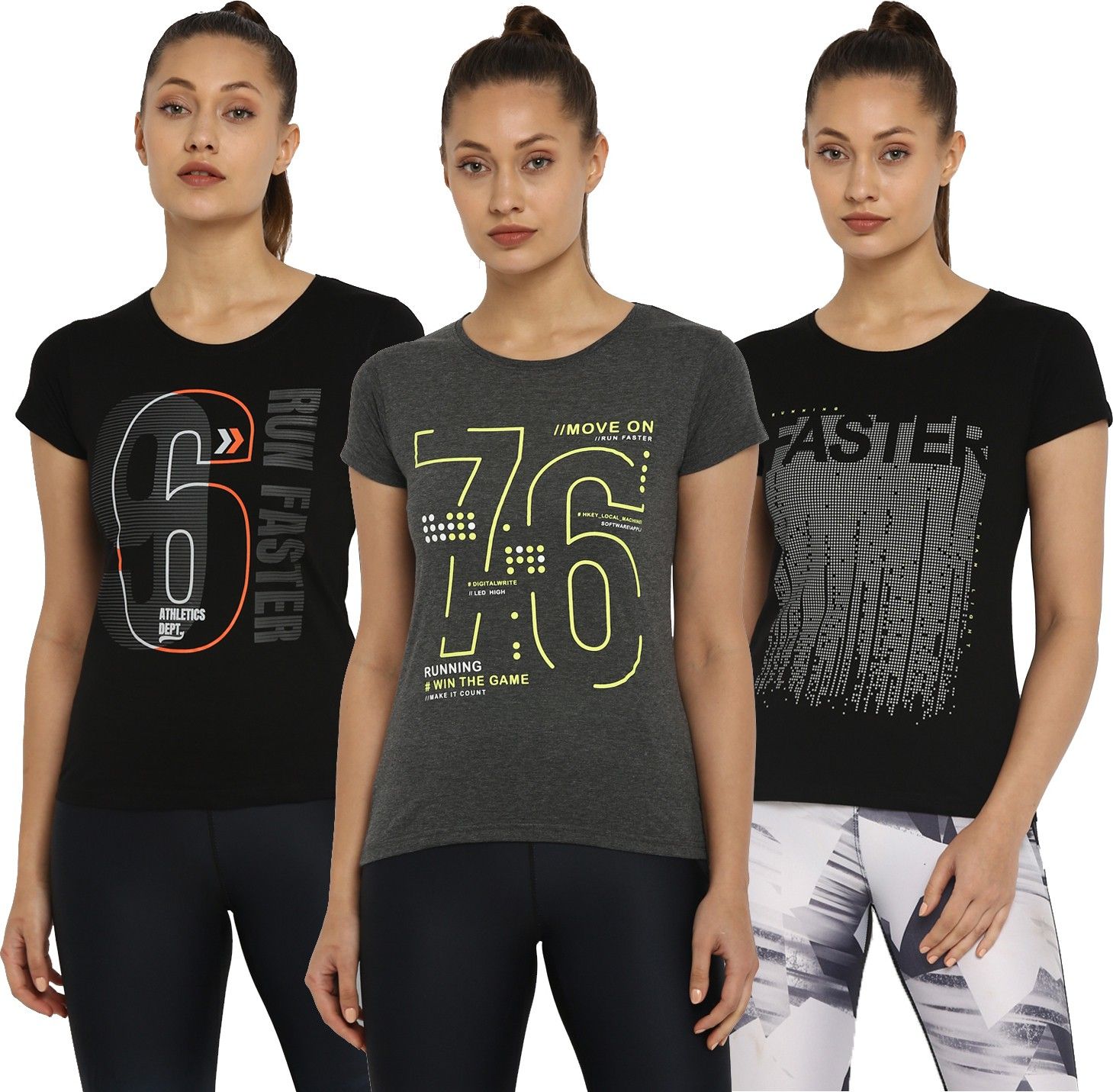 ap'pulse Pack of 3 Women Printed Round Neck Pure Cotton Black, Grey T-Shirt-picture-39