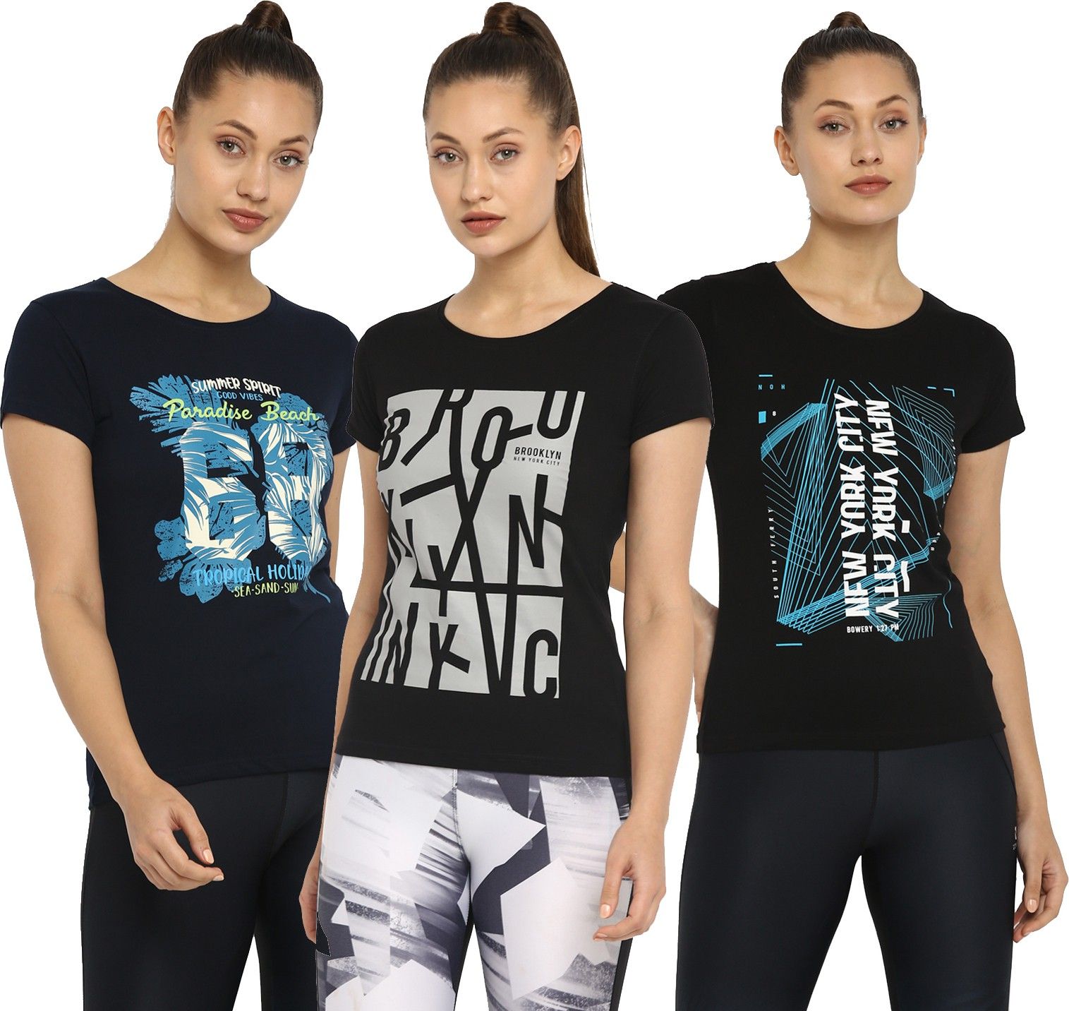 ap'pulse Pack of 3 Women Printed Round Neck Pure Cotton Black, Navy Blue T-Shirt-picture-10