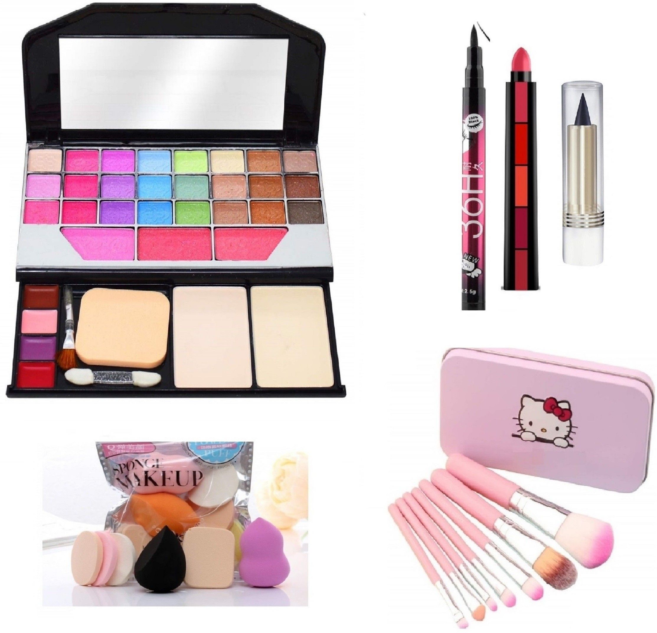 All in One 6174 Travel Fashion Makeup Kit for Girls with EyeLiner, Kajal, Makeup Brushes, Sponges and 5 in 1 Lipstick-image-42