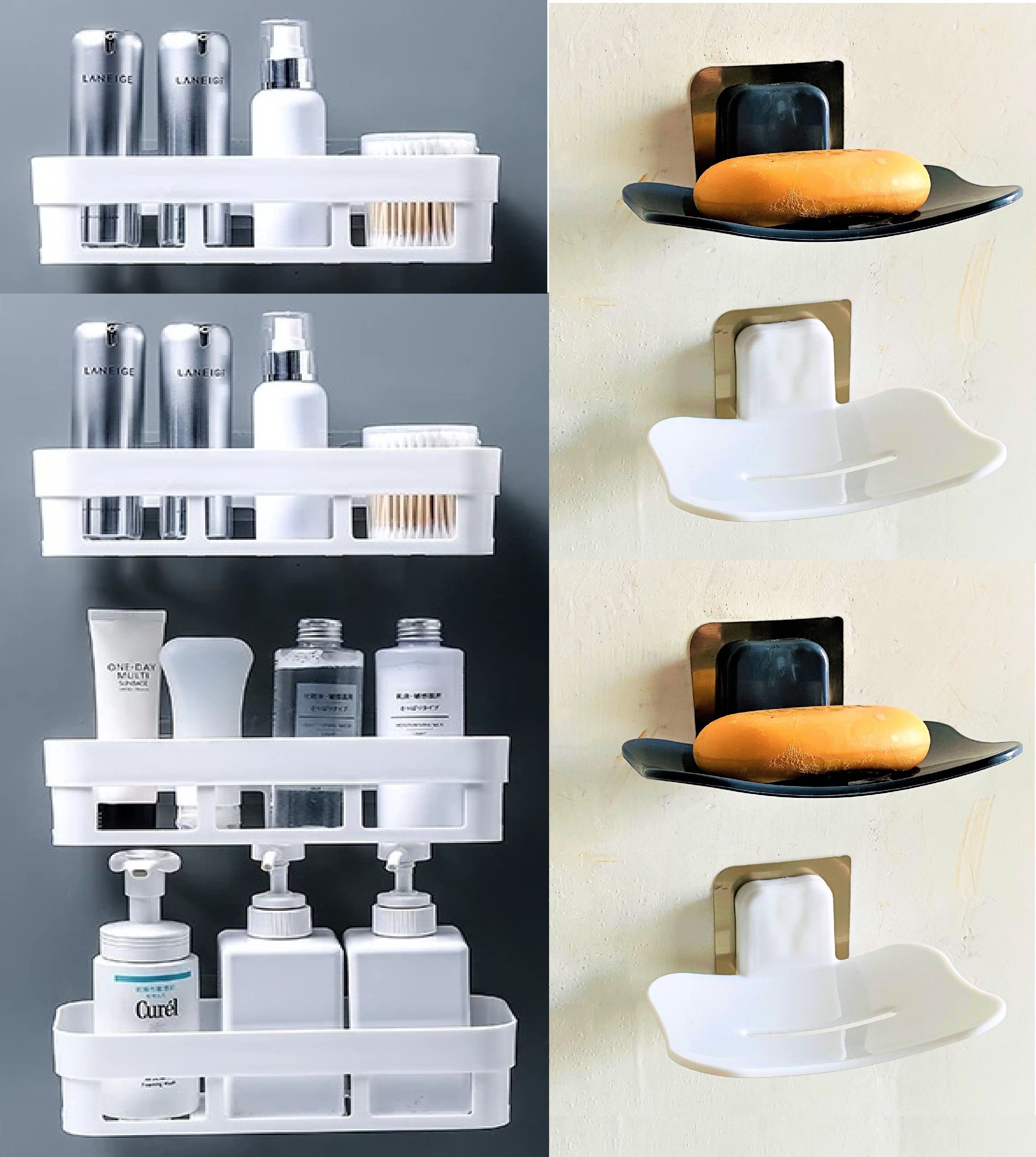 sabun stand and shampoo stand (4 Bathroom Shelves + 4 soap Box) Plastic Wall Shelf-image-40