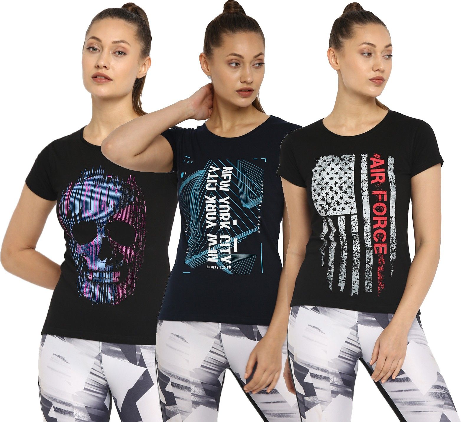 ap'pulse Pack of 3 Women Printed Round Neck Pure Cotton Black, Navy Blue T-Shirt-picture-24