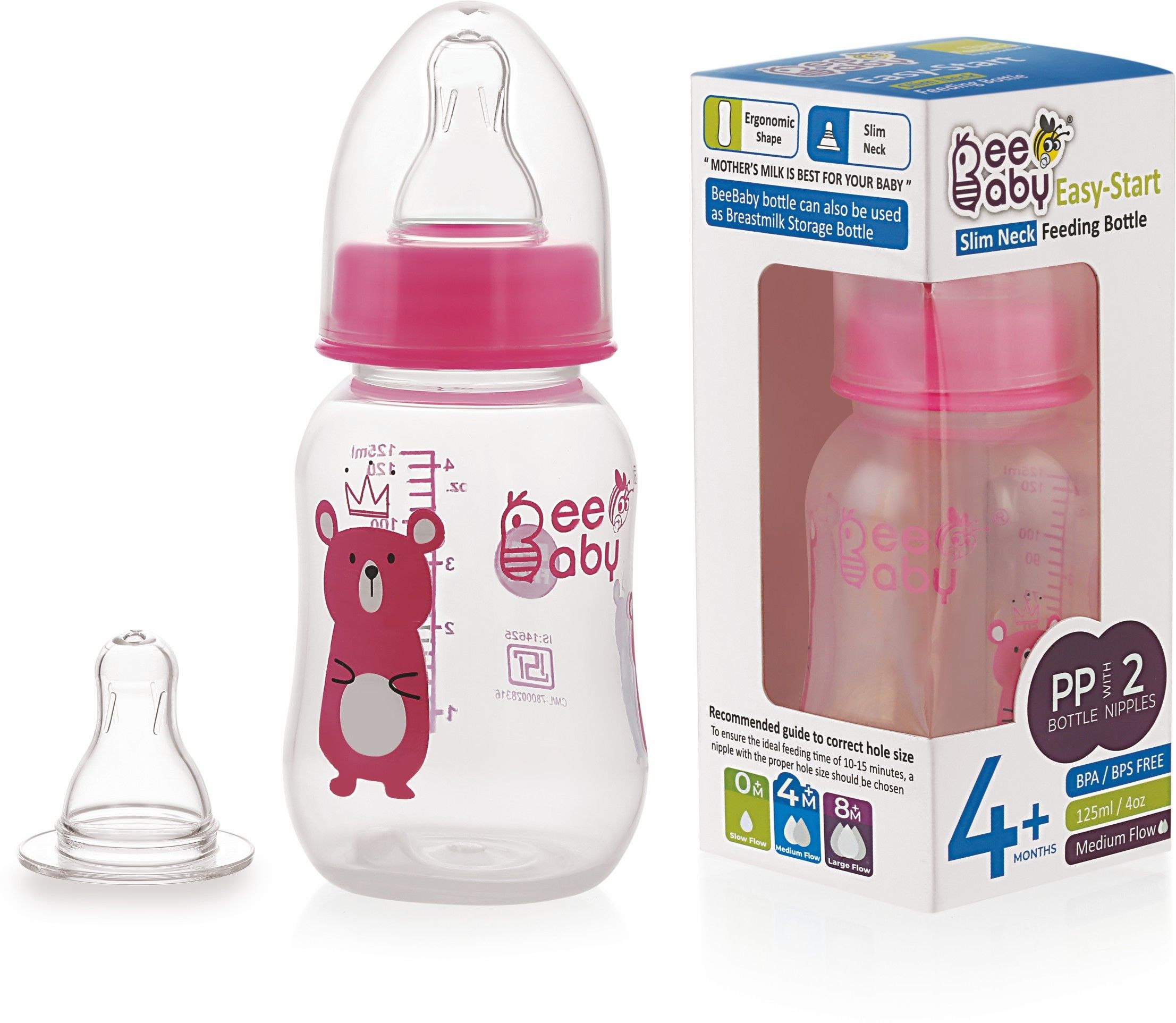 beebaby Easy-Start Feeding Bottle with 2 Gentle Touch Nipples,100% BPA FREE - Pink - 125 ml-picture-24