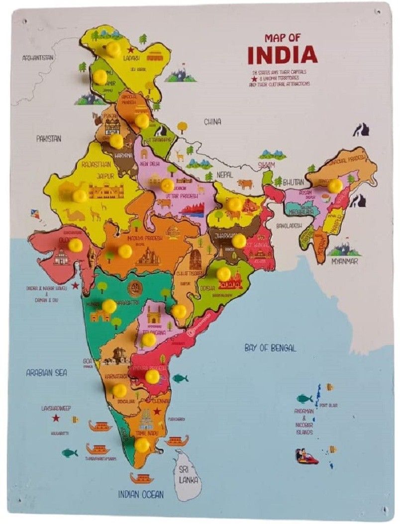 India Map Wooden Puzzle Learning Educational Board Tray with Knobs-image-18