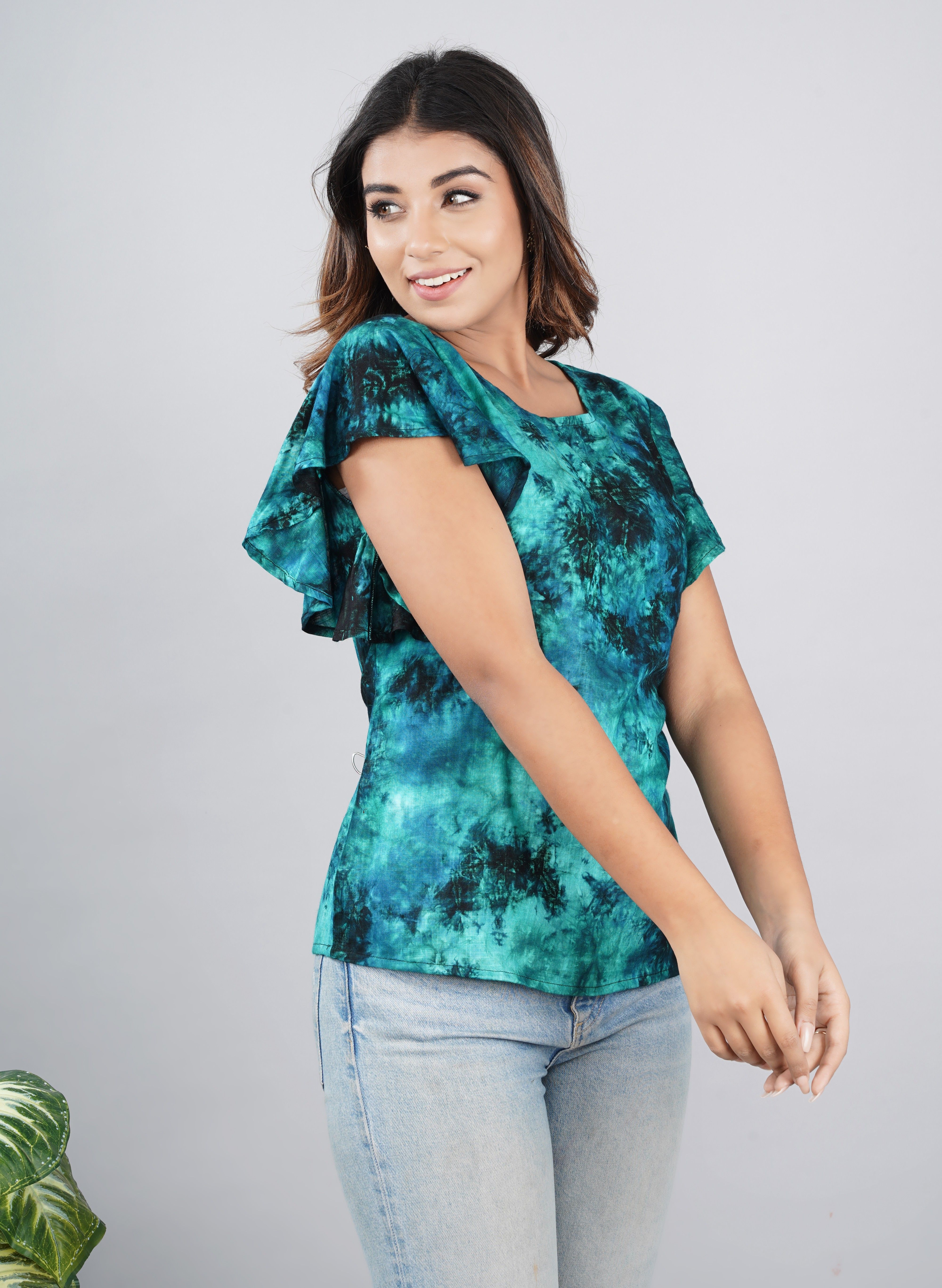Casual Flared Sleeves Tie & Dye Women Green Top