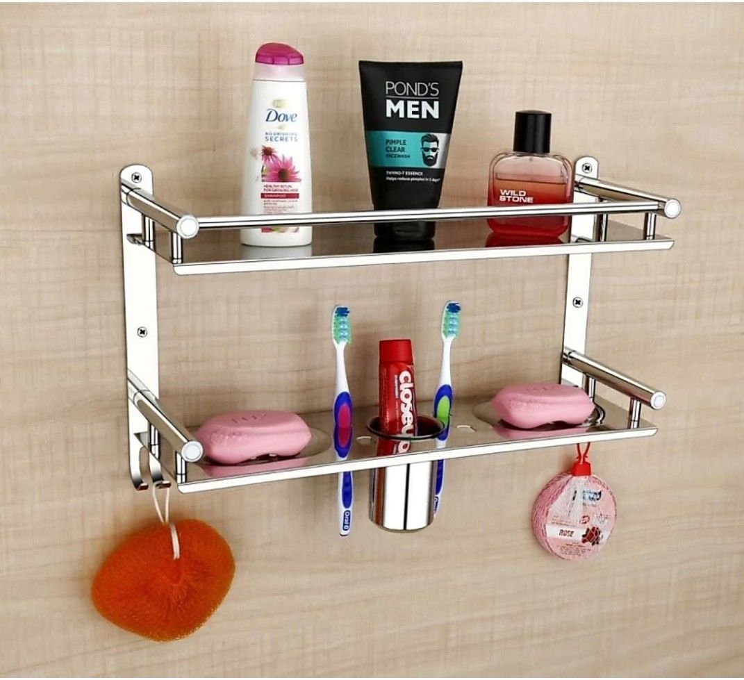 well set Multipurpose Bathroom & Double Dish&Tumbler&Soap&Tooth Brush Holder Stainless Steel Wall Shelf-picture-20