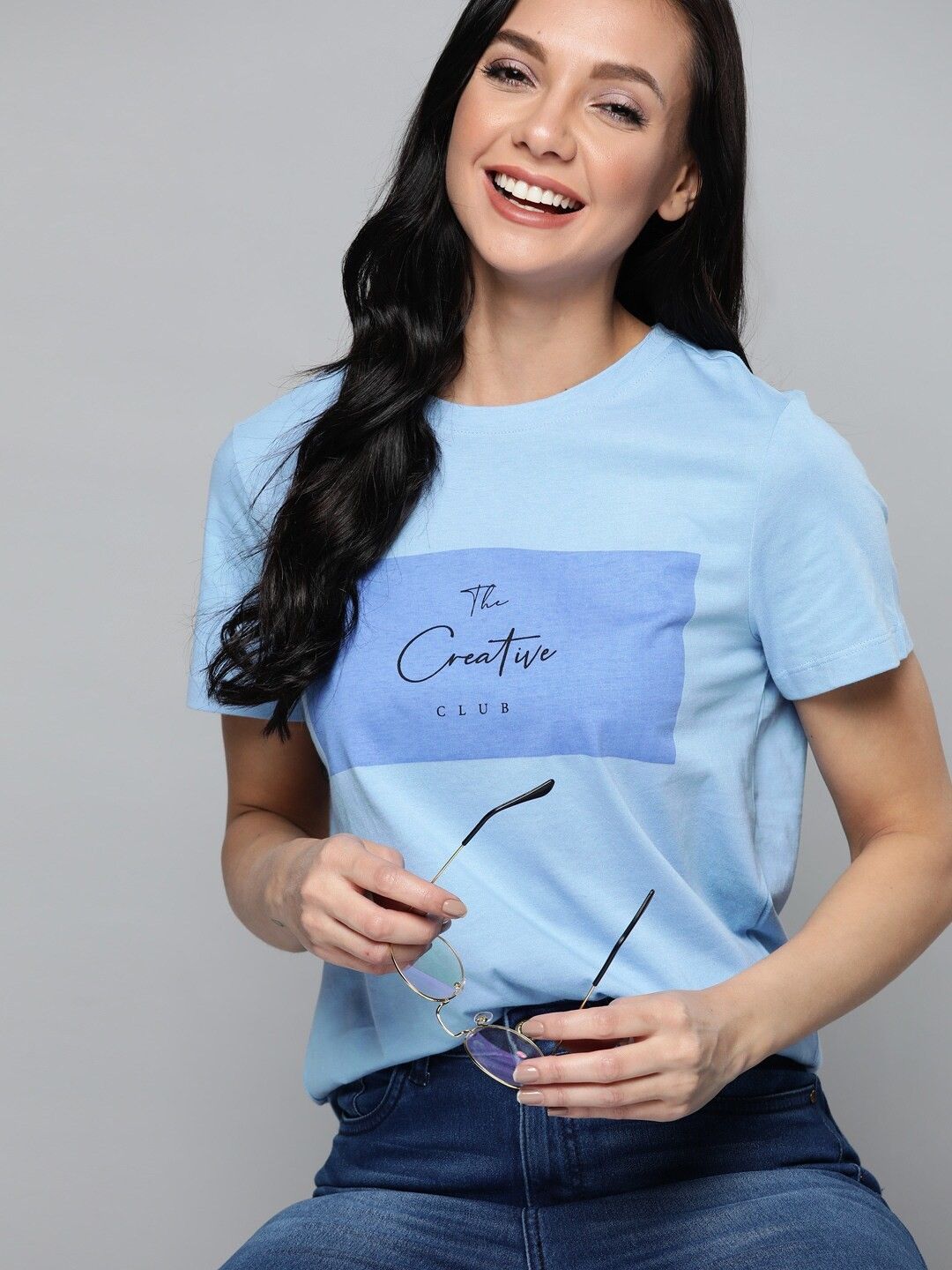 mast & harbour Women Printed Round Neck Pure Cotton Blue T-Shirt-picture-10